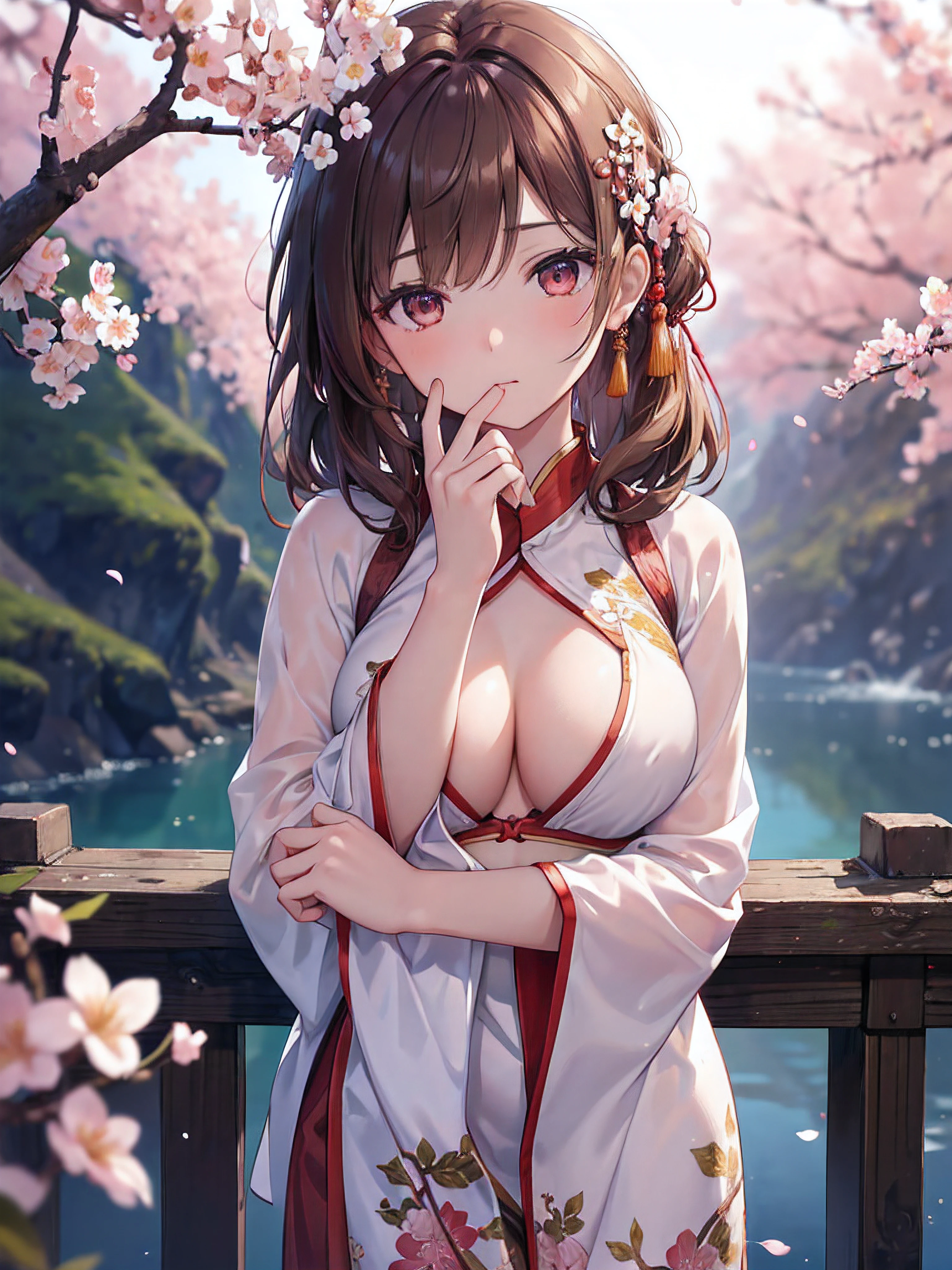 masterpiece,extremely detailed CG unity 8k wallpaper,1girl, beautiful, realistic, blurry, blurry_background, blurry_foreground, branch, brown_hair, plum blossom, depth_of_field, flower, jewelry, nose, realistic, solo,chinese clothes,fingers hidden, arms hidden, only wearing a bra