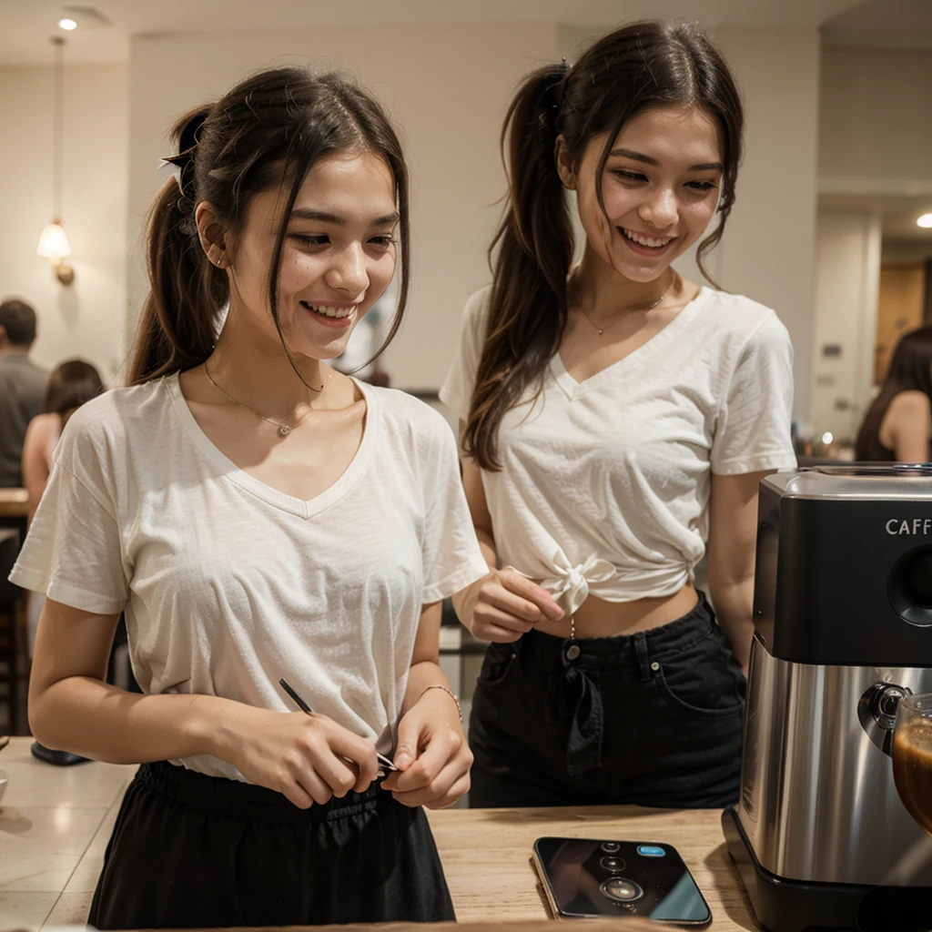 Girl, black hair, older sister, tie her hair in a ponytail and laugh at the speaker, high-quality picture, masterpiece, beautiful girl, cafe,