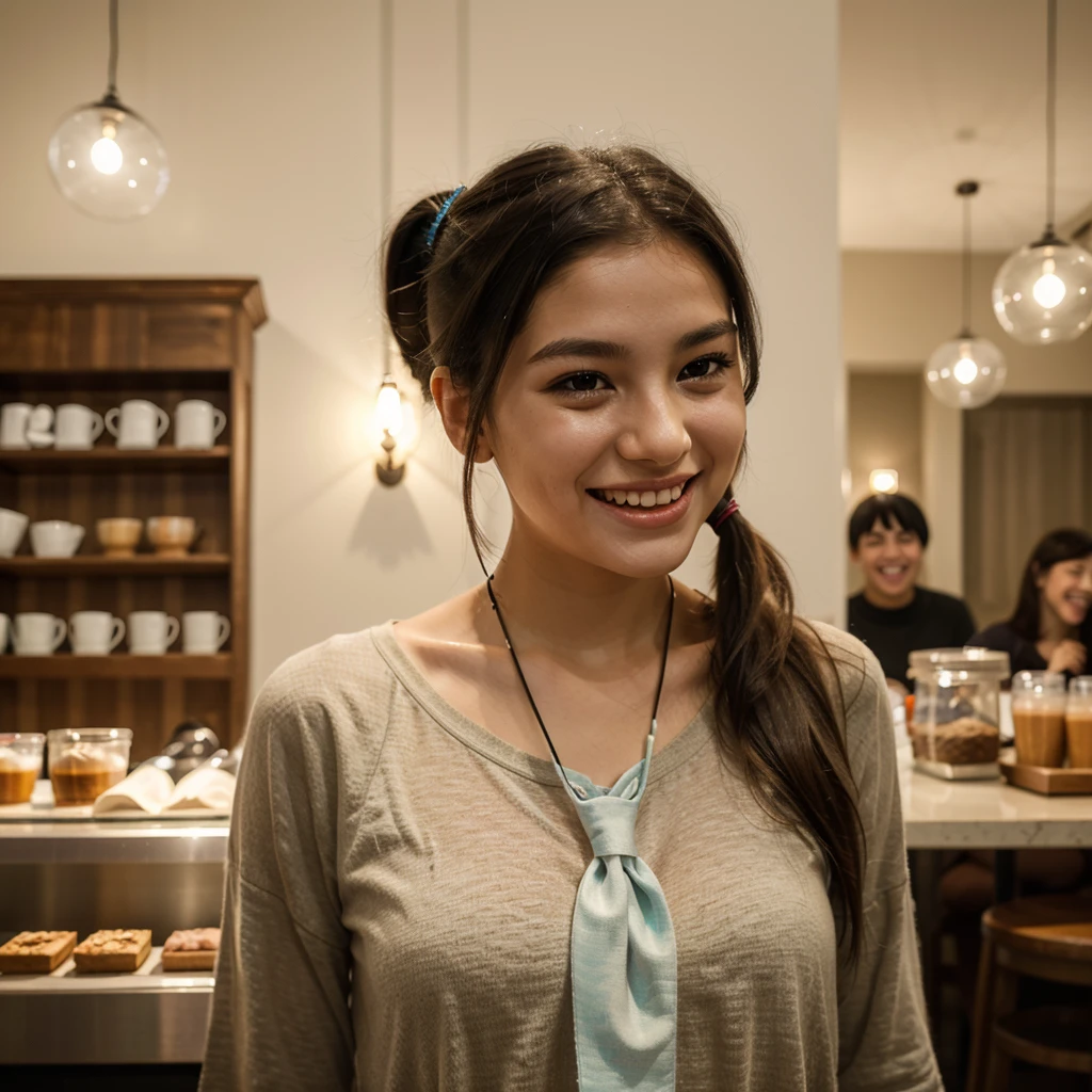 Girl, black hair, older sister, tie her hair in a ponytail and laugh at the speaker, high-quality picture, masterpiece, beautiful girl, cafe,