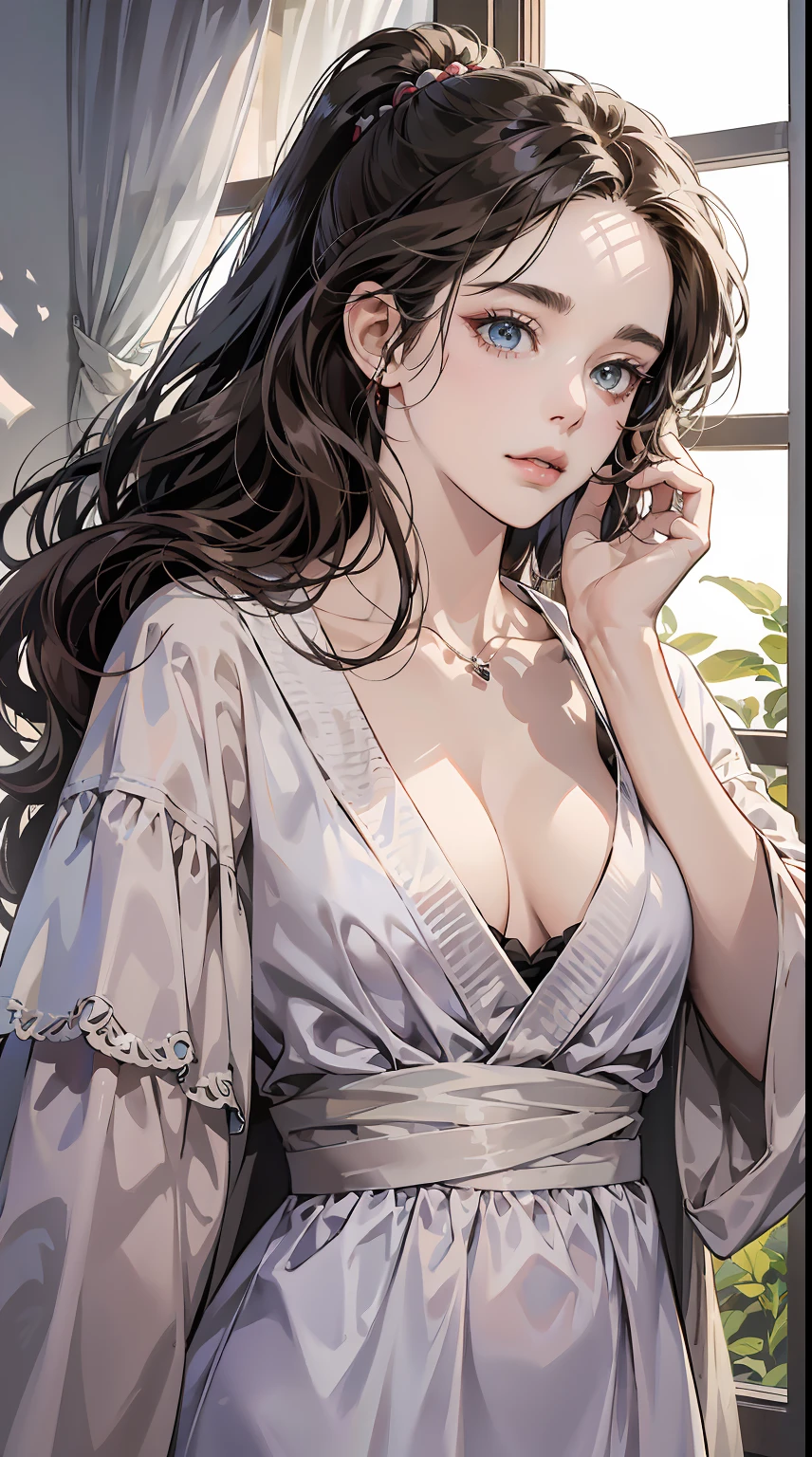 (Best quality at best, A high resolution, tmasterpiece :1.3), A tall figure、quite mature adult woman, Slim abs, dark brown  hair，loose wavy ponytail, nedium breasts, Wearing a pendant, White loose cropped top，White long sleeves, Visible midsection, visible stomach, obi strip, Black dress, (Modern architectural background), Detailed rendering of facial and skin textures, 詳細な目, 二重まぶた, Chopping