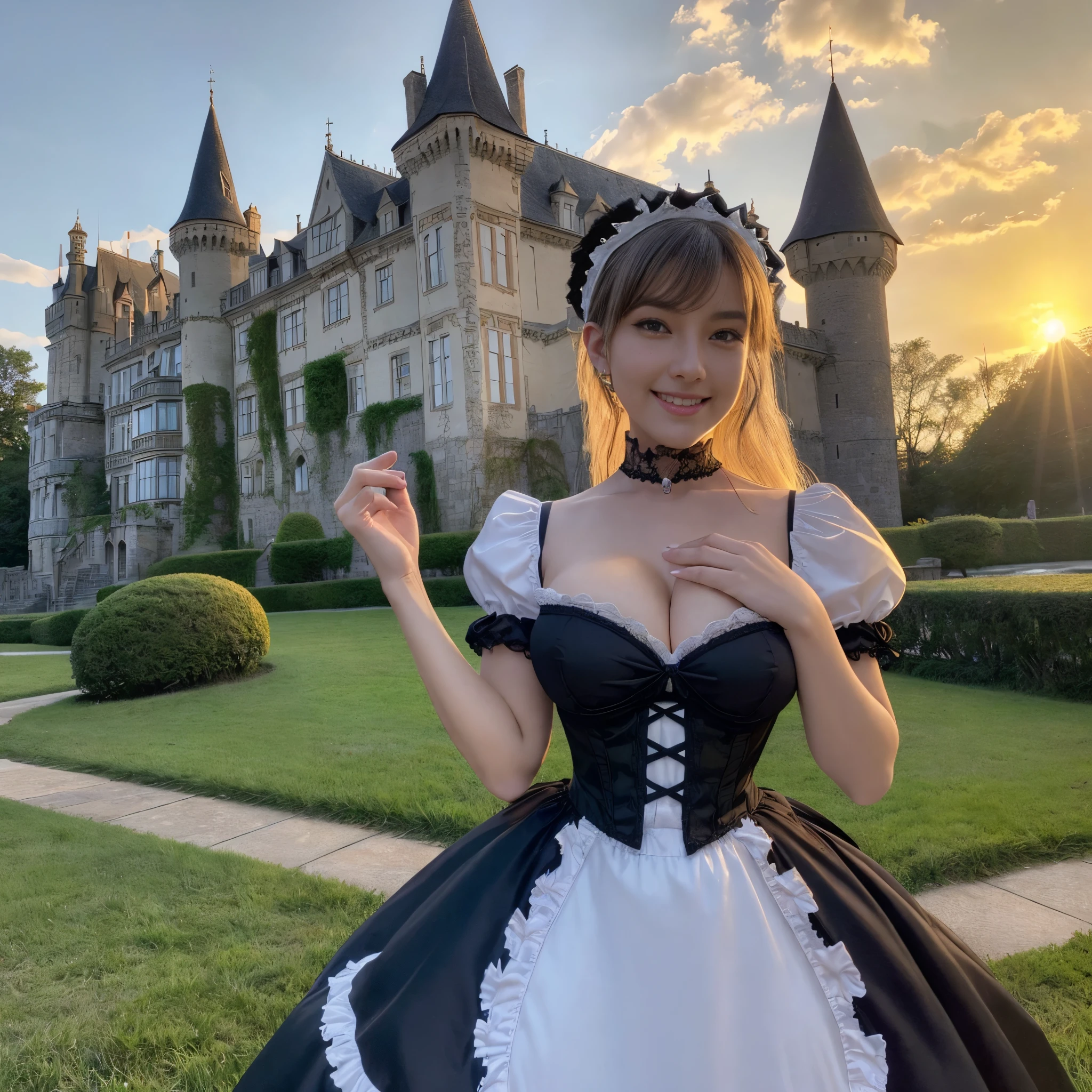 ((Best Quality, masutepiece, 超A high resolution、The most complex and detailed depictions)), ((1 Beautiful Maid,Adult maid,20yr old,Half Japan and half Spanish,victorian maid, black and white maid uniform,Maid clothes with frills,Maid outfit with big apron,Maid outfit with a big apron,Luxury Maid Clothing,Long skirt, Victorian Maid Costume,Wearing maid clothes)),large full breasts,cleavage of the breast,smil、Smile affectionately、Luxurious Gothic medieval European castle in background、huge waterfall、beautiful big waterfall、huge waterfall and huge castle、Powerful waterfall、Beautiful clear water、luxury gothic castle、K Hit Transition Castle、Photograph the exterior of the castle、Photograph the entire exterior of the castle、dynamic compositions、Dynamic angles、Creepy and intricate castle exterior、The most complex and detailed castles、A castle with a very realistic texture、Detailed depiction of the castle in the background、Evening glow、Sparkling sunset、brilliant sunset、Beautiful sunset、Romantic sunset