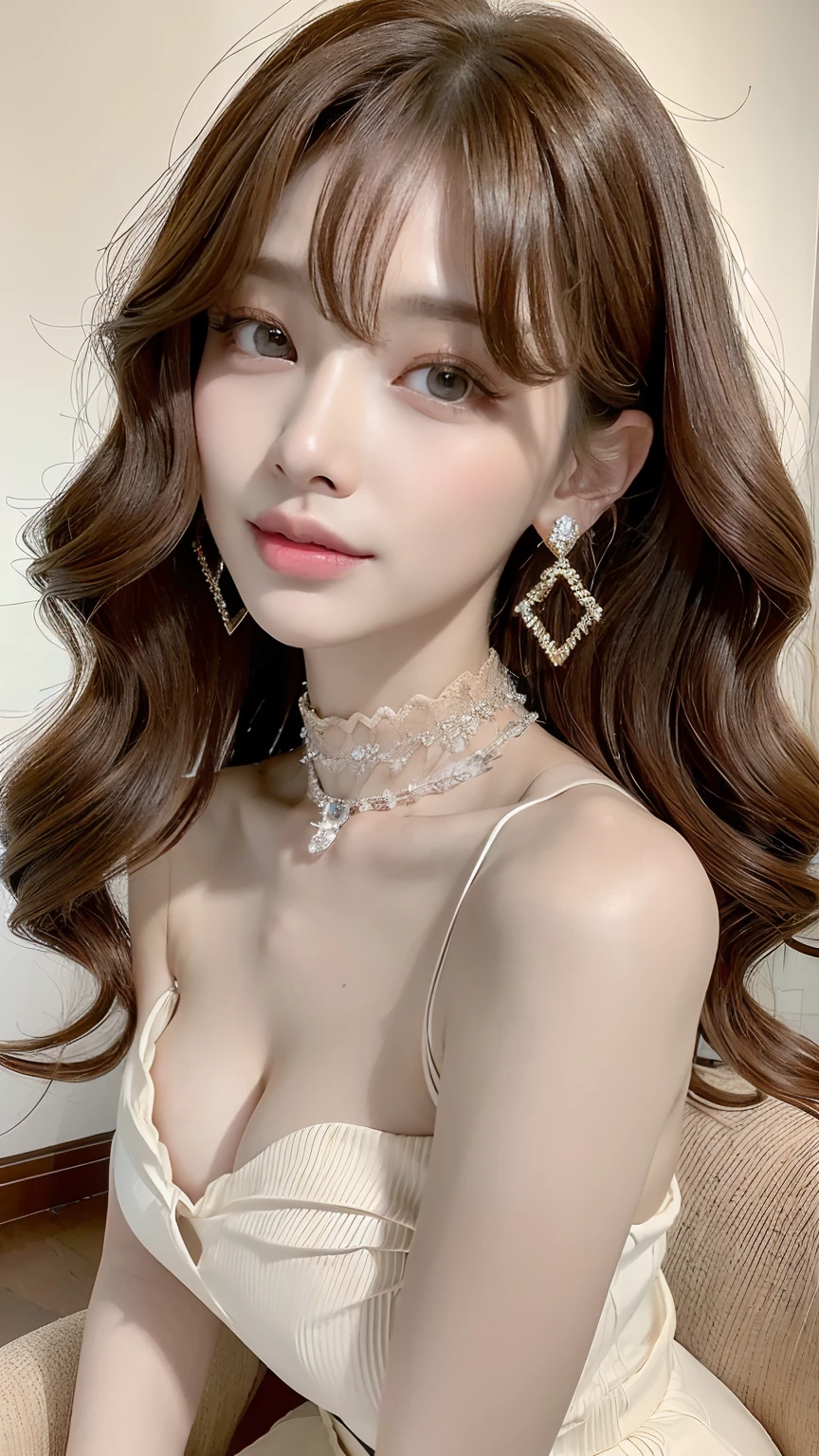((best qualtiy, 8K, tmasterpiece:1.3)), Focus:1.2, ((Sitting On Chair)) ((Rich Woman)) ((Perfect figure Beautiful Woman: 1.4)), ((Random Parted Layered Hairstyle) ((Brown Wavy Hair In Big Loose Curls))(Protruding cleavage,Wearing Luxurious Clothing:1.5,Highly Detailed Face and Skin Texture,二重まぶた,Detailed Skin,Detailed Eyes And Lips)) Wearing A Diamond Chocker, Wearing Diamond Earings ((best qualtiy, 8K, tmasterpiece:1.3)), Focus:1.2, ((Sitting On Chair)) ((Rich Woman)) ((Perfect figure Beautiful Woman: 1.4)), ((Random Parted Layered Hairstyle) ((Brown Wavy Hair In Big Loose Curls))(Protruding cleavage,Wearing Luxurious Clothing:1.5,Highly Detailed Face and Skin Texture,二重まぶた,Detailed Skin,Detailed Eyes And Lips)) Wearing A Diamond Chocker, Wearing Diamond Earings