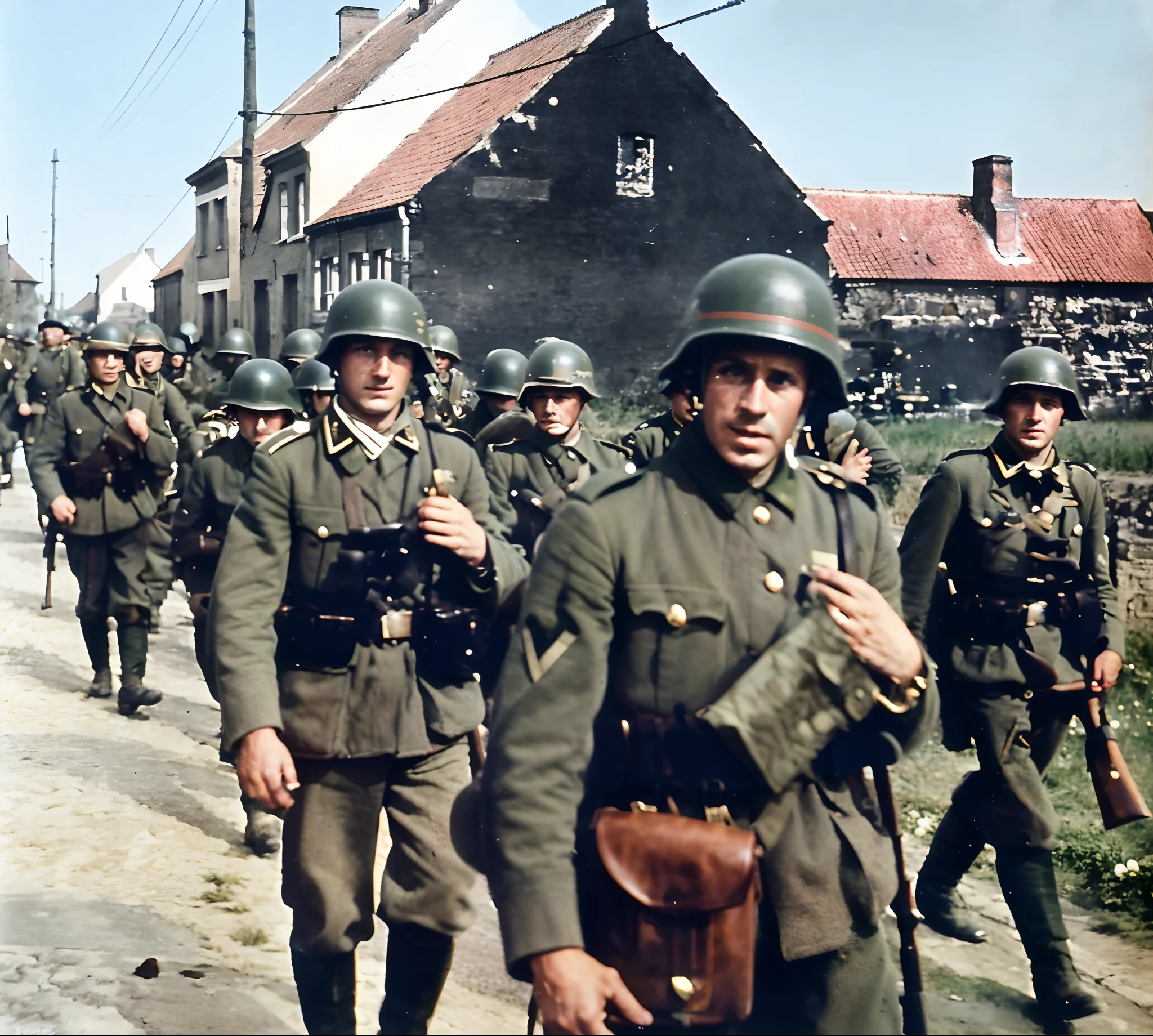 soldiers marching down a street in a line with helmets on, ww 2 historical photography, ww2 historical photography, ww2 photo, ww2 historical photo, colourized, german and soviet soldiers, several soldiers, taken on a ww2 camera, taken on a ww 2 camera, soldiers charging in, ww2 normandy foy arnhem 1944