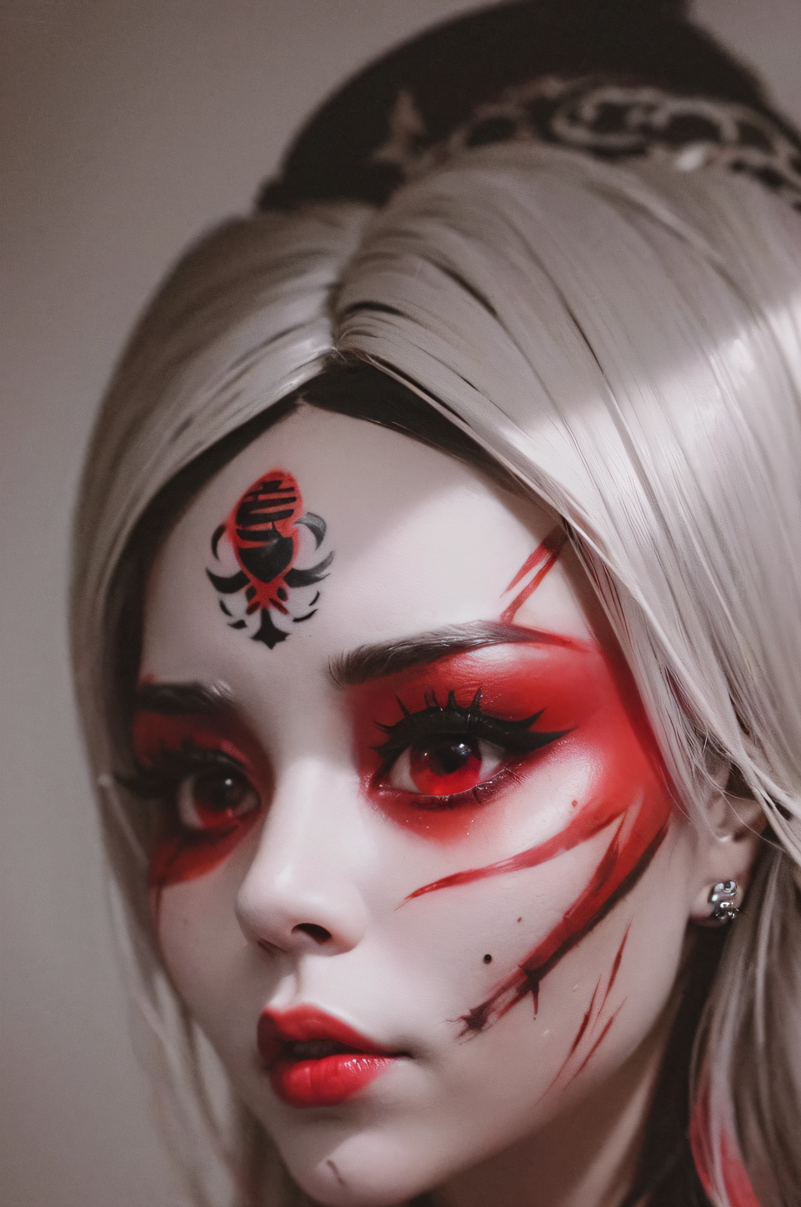 "(The best lighting, oscuro, dramatic),(feto calavera geisha escupiendo tinta roja, Cicatrices, sexy, cerebro, sangre, una rata dentro de la cabeza, terror.),(ojos rojos, calaveras). volumetric light.
