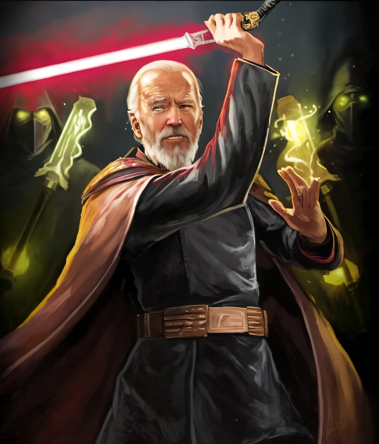 a painting of a man with a sword in his hand, joe biden as a sith lord, old jedi master, from star wars legends, darth biden, ww 1 sith sorcerer, sith lord, holding a lightsabre. splash art, jedi master, sith, wearing black sith robes, wearing black sith uniform, donald trump as a jedi hero