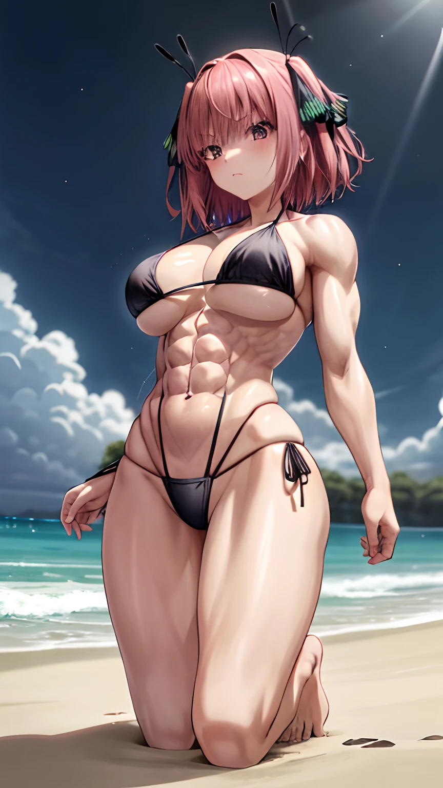 1 girl, alone, (nakano nino), (short pink hair), butterfly hair ornament, big breasts, (((muscular thighs))) , (muscular belly), thin waist, wide hips, barefoot, standing, (((wearing black thong bikini))), (full body photo), on the beach at night with starry sky and full moon in the sky, eye reflection, glowing eyes, (bad mood), anime, anime style, outline ray, cinematic lighting, Sony FE, panorama, UHD, anatomically correct, accurate, super detail, high quality, high resolution, HD, 16k