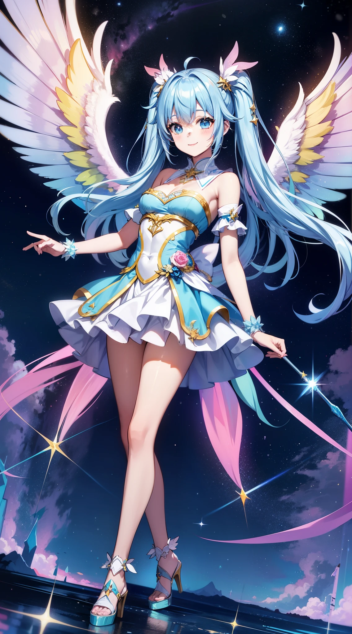 Super Idol　tiny girl　adorable smiling　sky blue hair　length hair　Twin-tailed　Glittery bright pink and white and blue and yellow leotards　facing front　7 colors of angel large wings on the back　Mystical　Fantasia　constellation　a moon　Crystal Brilliance　Aurora Borealis in the Night Sky