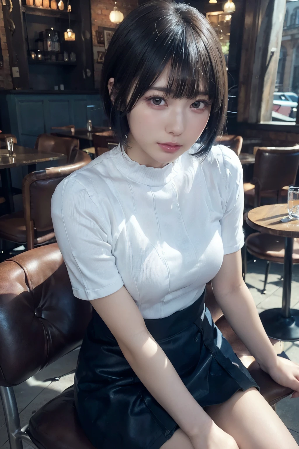 ((masutepiece, Best Quality, hight resolution, nffsw, Perfect Pixel, depth of fields, 4K, nffsw, nffsw))), top-quality, ​masterpiece, 超A high resolution, (Realisticity: 1.4), 1girl in, Single, Solo, Beautiful anime girl, Beautiful Art Style, Anime Character, ((short-hair, Bangs, Blue hair)), ((rounded eyes, Beautiful eyelashes, Realistic eyes)), ((Detailed face, )), ((Smooth texture:0.75, Realistic texture:1.3, Photorealistic:1.1, Anime CG style)), Dynamic Angle, Perfect body, ((realistic textured skin)), ((Black Tight Knit)), ((浅笑)), (((Sit on a chair in a café))), (((a miniskirt )))