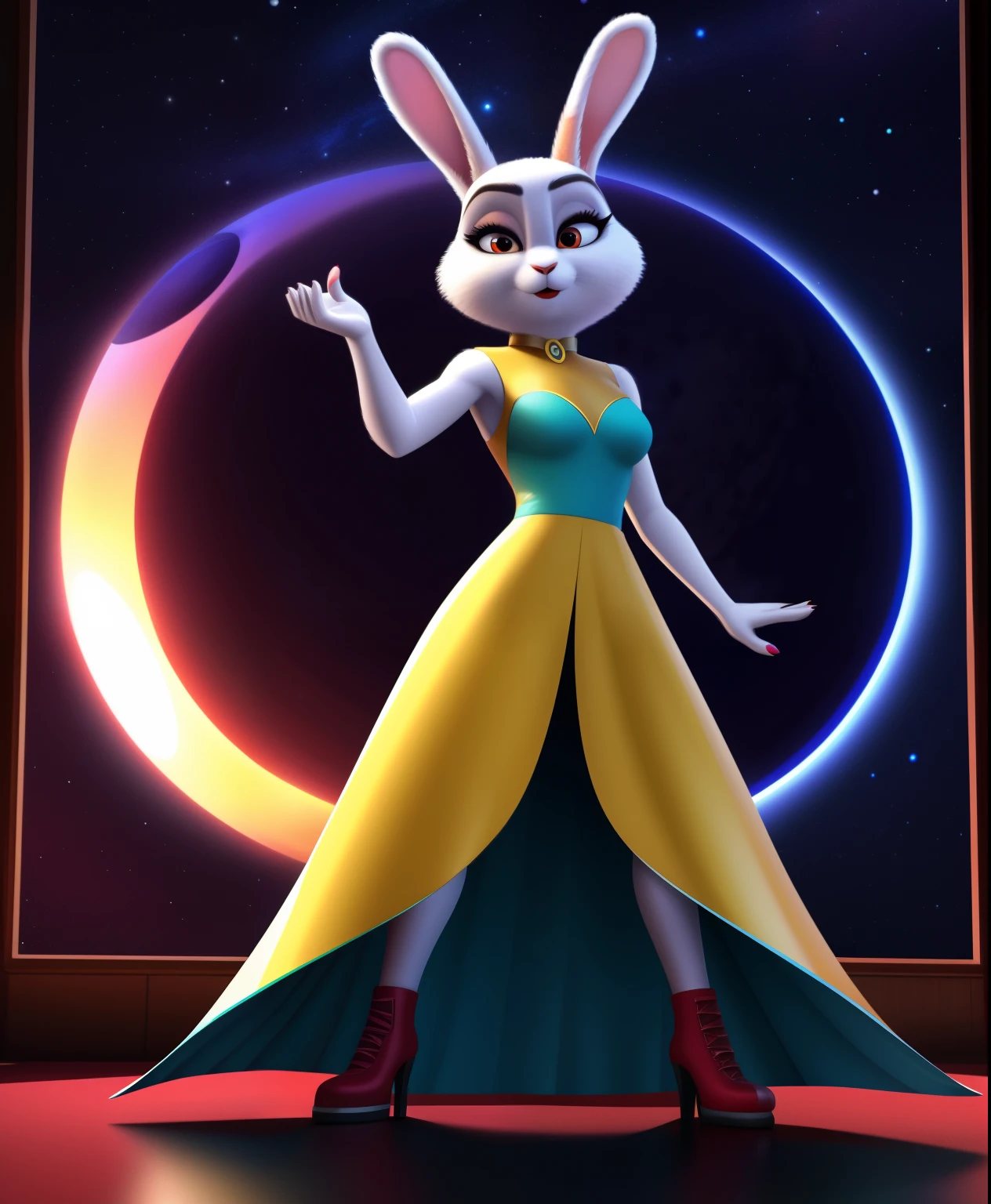 Eclipse the female rabbit supervillain, red lipstick, cosmic dress, Illumination Entertainment CGI Style, full body view, planetarium in the background