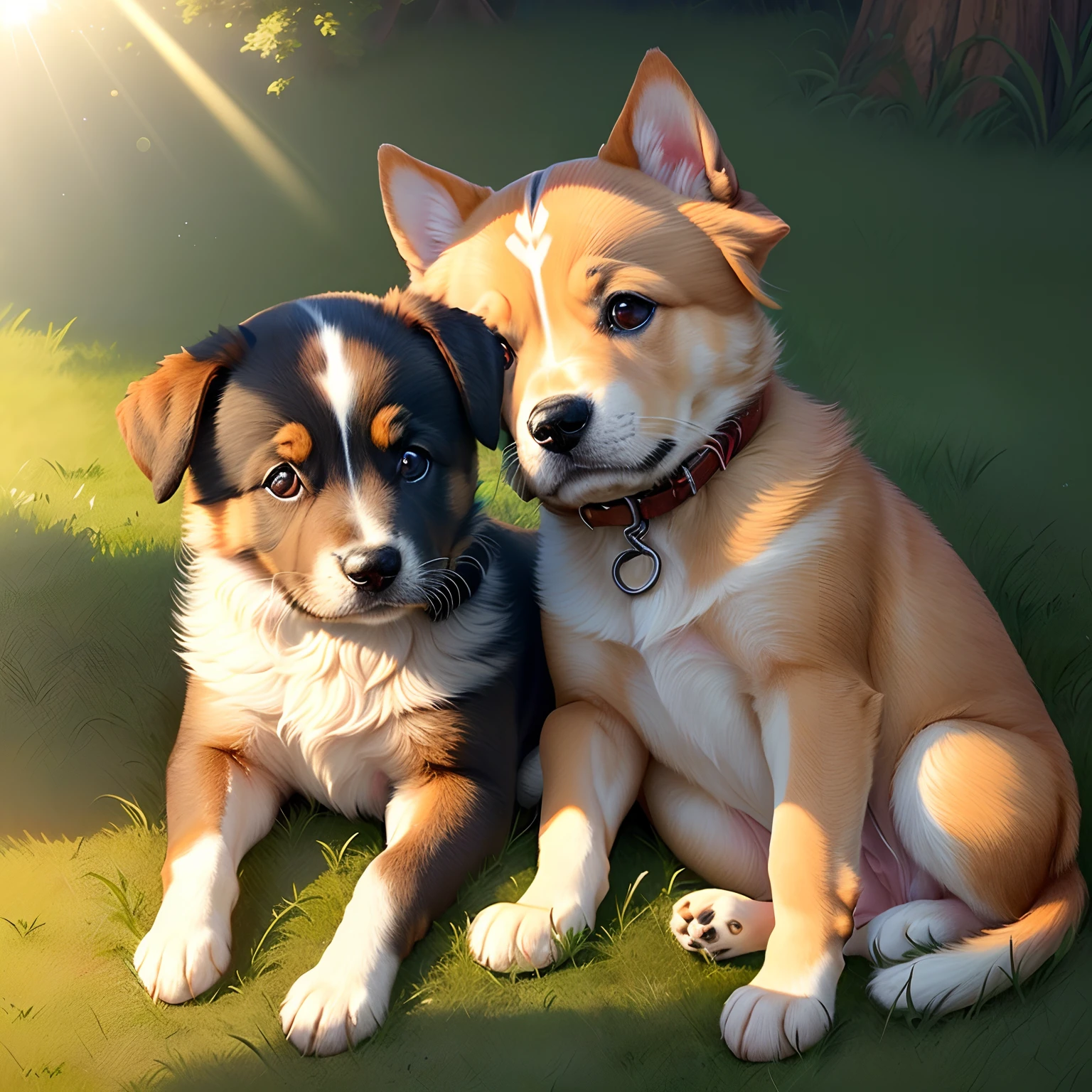 a Pixar-style image of a couple in love: the chubby black haired boy, the skinny girl with red hair with their dog, um border collie