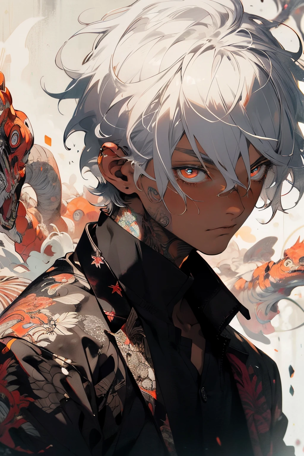 Realistic masterpiece, best quality, beautiful aesthetic, very detailed, fractal art, colorful, most detailed, zentangle, abstract background: 1.5, 1 boy: 1.3, god, white hair, short hair, glowing red eyes, mysterious, magical, ice, handsome man, asian style