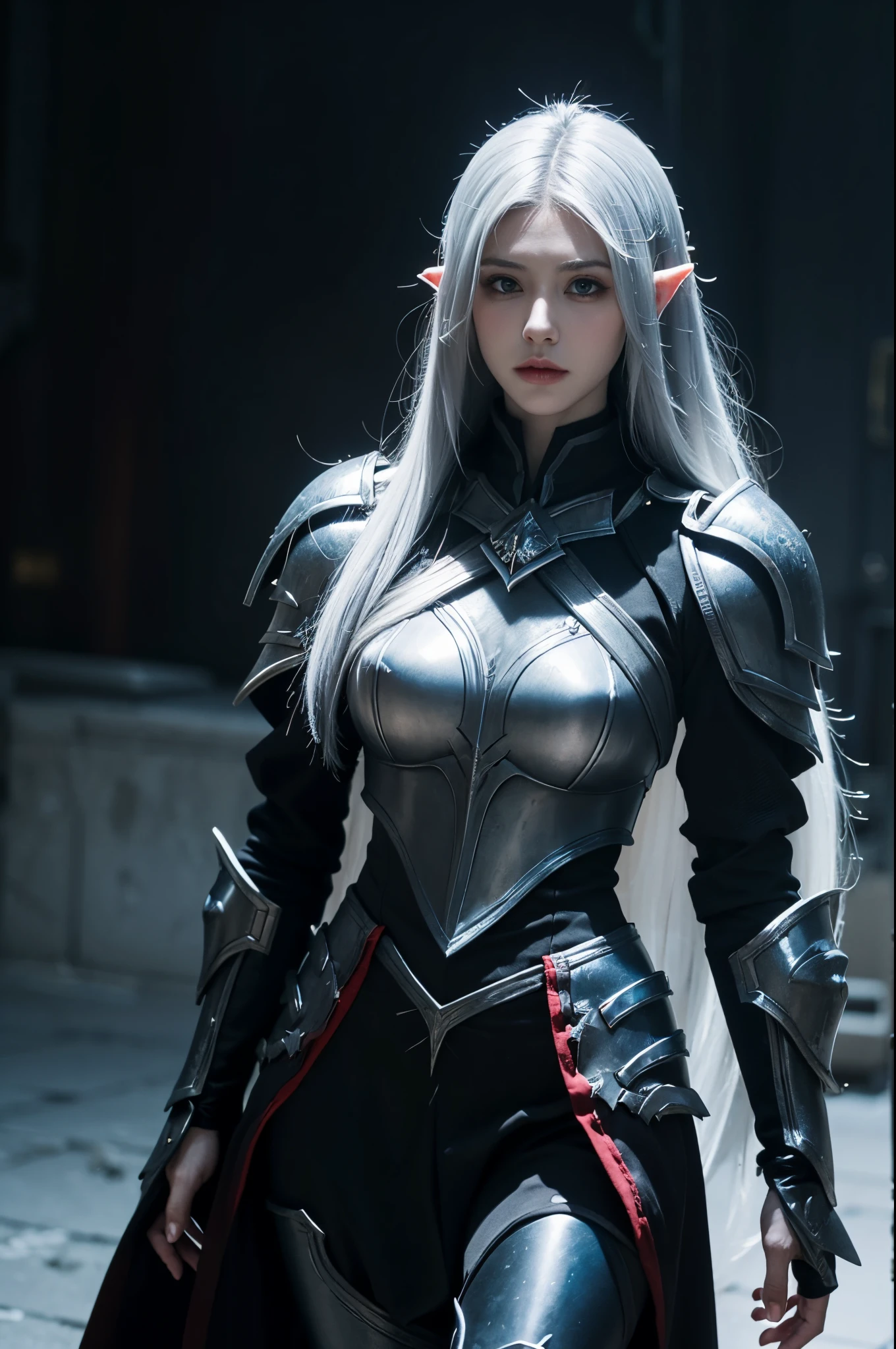 A female blood elf death knight has long silver hair and wears black heavy armor.