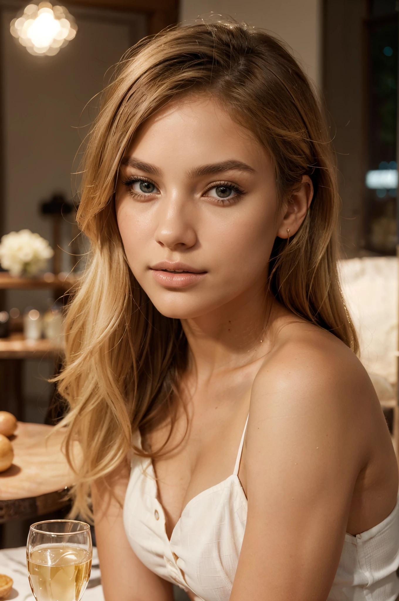 Enhance the ultra-realistic UHD RAW portrait photograph of the 23-year-old woman by focusing on creating more attractive and fuller lips. Her lips should be rendered with exquisite detail, giving them a naturally plump and voluptuous appearance. The color of the lips should be a soft, natural hue, adding to their allure without overpowering her facial features. Emphasize the texture and contours of the lips, highlighting their smoothness and the subtle interplay of light and shadow that accentuates their fullness. The edges of the lips should be well-defined but natural, avoiding an overdrawn look. Ensure that the lips complement her bronzed skin tone and the overall color palette of the image, including her golden blonde hair and blue eyes. The focus on the lips should enhance her overall beauty, making them a standout feature of the portrait while maintaining a balanced and harmonious appearance with her other facial features.