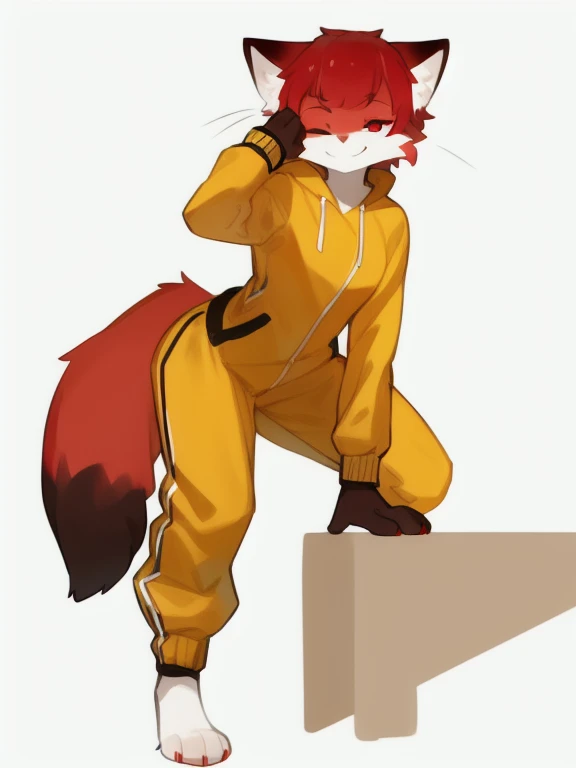 solo, female, tomboy, eyeliner, yellow tracksuit, by bebebebebe, small waist, wide hips, (cat, fox, hybrid), whiskers, looking at viewer, anthro, furry, (red fur | white fur | dark red fur), red body, white snout, white underbelly, red ears, white inner ears, dark red paws, red hair, bangs, white inner ear fluff, fluffy tail, red eyes, white sclera, smug, (winking, one eye closed), dark red hands, detailed, masterpiece, (dark red dipstick tail)