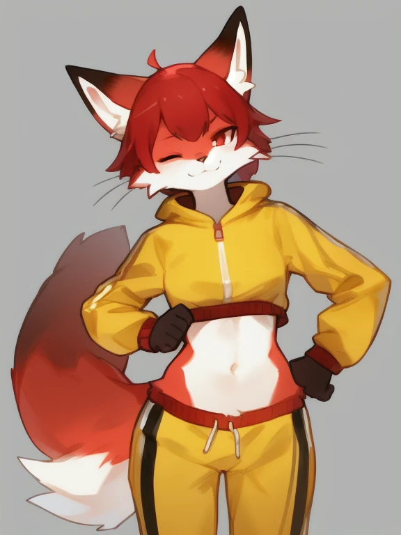 solo, female, tomboy, eyeliner, yellow tracksuit, by bebebebebe, small waist, wide hips, (cat, fox, hybrid), whiskers, looking at viewer, anthro, furry, (red fur | white fur | dark red fur), red body, white snout, white underbelly, red ears, white inner ears, dark red paws, red hair, bangs, white inner ear fluff, fluffy tail, red eyes, white sclera, smug, (winking, one eye closed), dark red hands, detailed, masterpiece, (dark red dipstick tail)