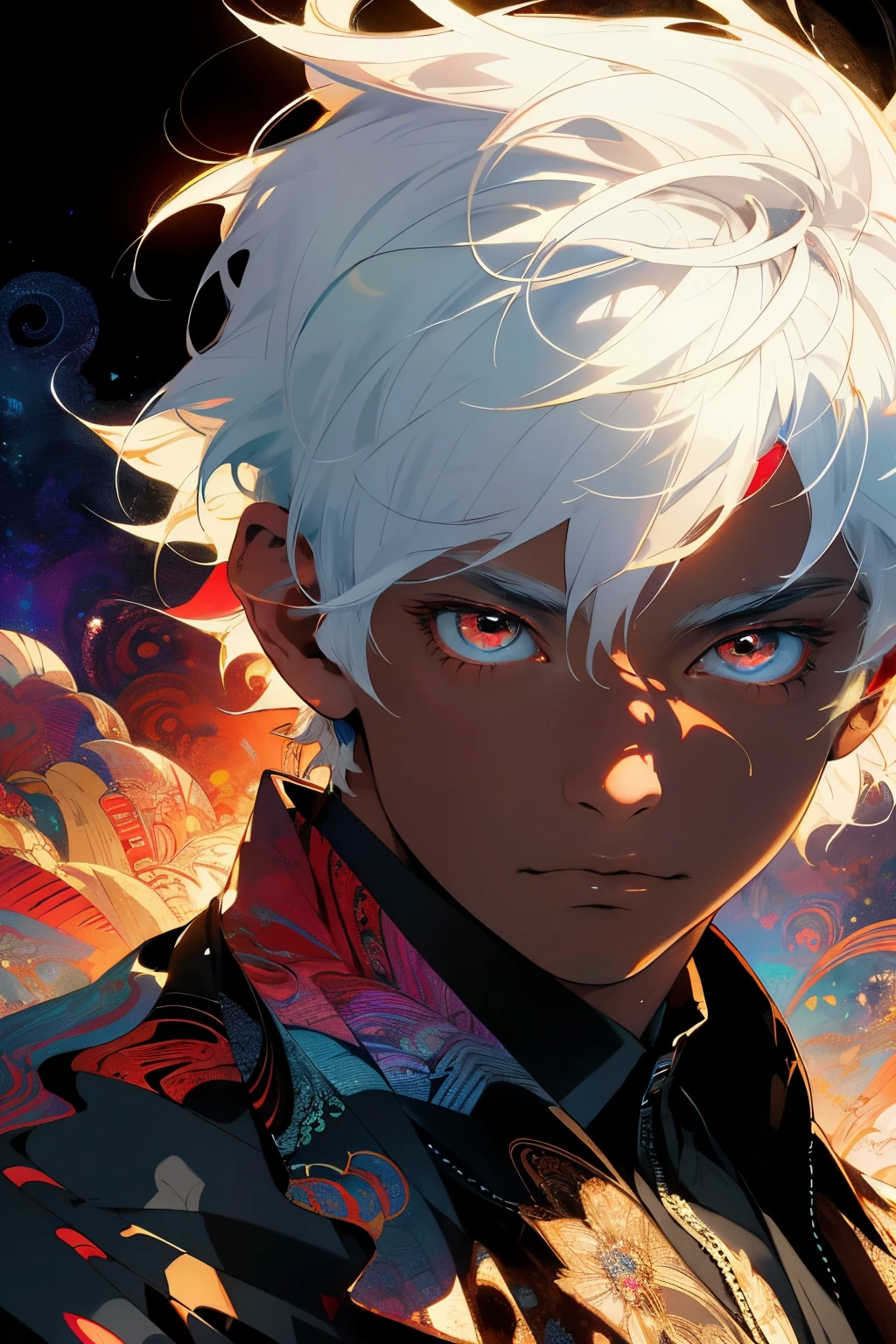 Realistic masterpiece, best quality, beautiful aesthetic, very detailed, fractal art, colorful, most detailed, zentangle, abstract background: 1.5, 1 boy: 1.3, god, white hair, short hair, glowing red eyes, mysterious, magical, ice, handsome man, asian style