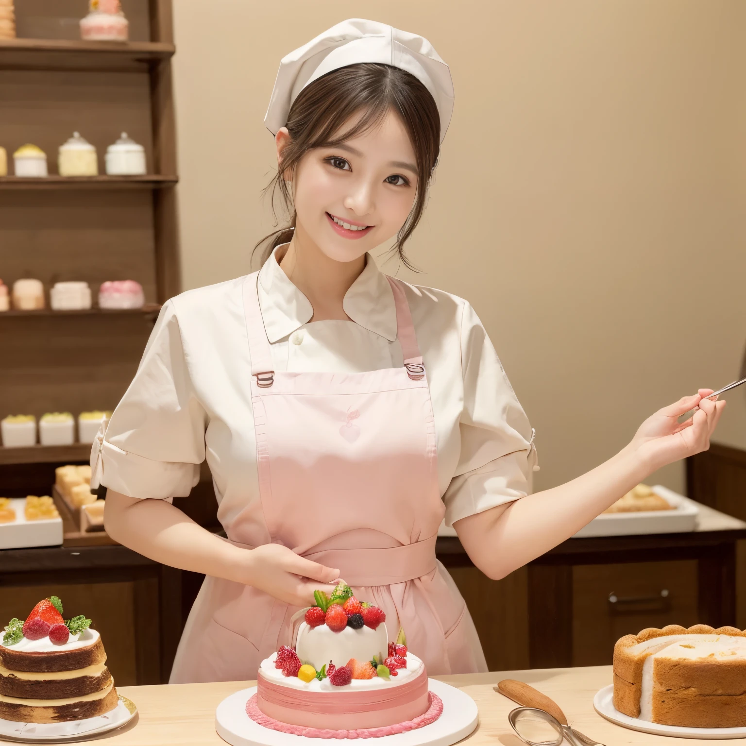 ((masutepiece、top-quality、Highly complex and detailed depictions))、1 Japan Beauty、patissier、Pastry Chef Uniforms、Pastry chef's clothes、pinafore、perfect hand、Cake shop、The biggest smile staring at the camera、Slimed、Emphasize body lines、Fruit cake making