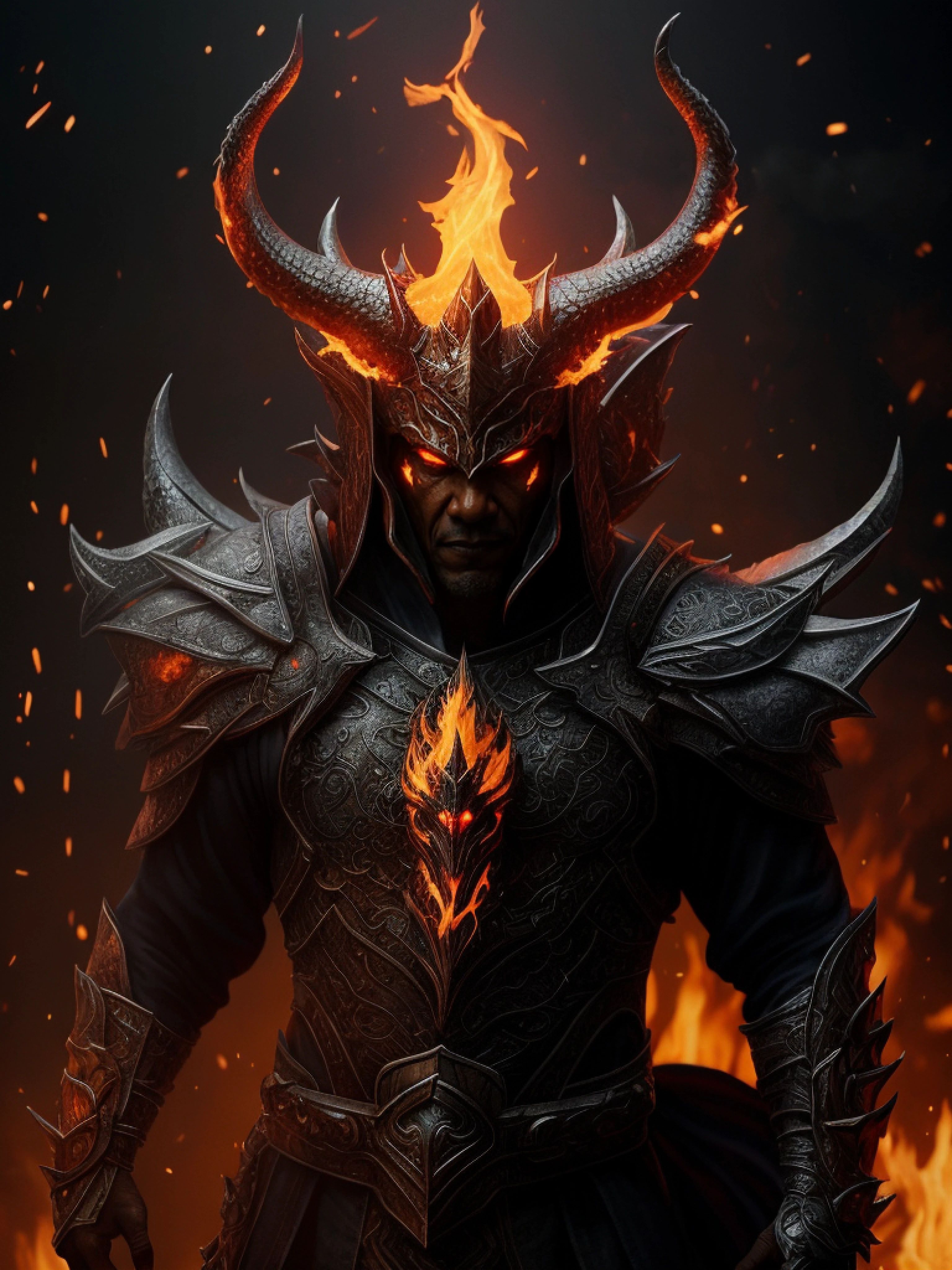 ((Best quality)), ((masterpiece)), (highly detailed:1.3), 3D, demon with horns and armor, fire, hell, dark, sinister, weapons, fog, smoke,HDR (High Dynamic Range),Ray Tracing, Super-Resolution --auto --s2