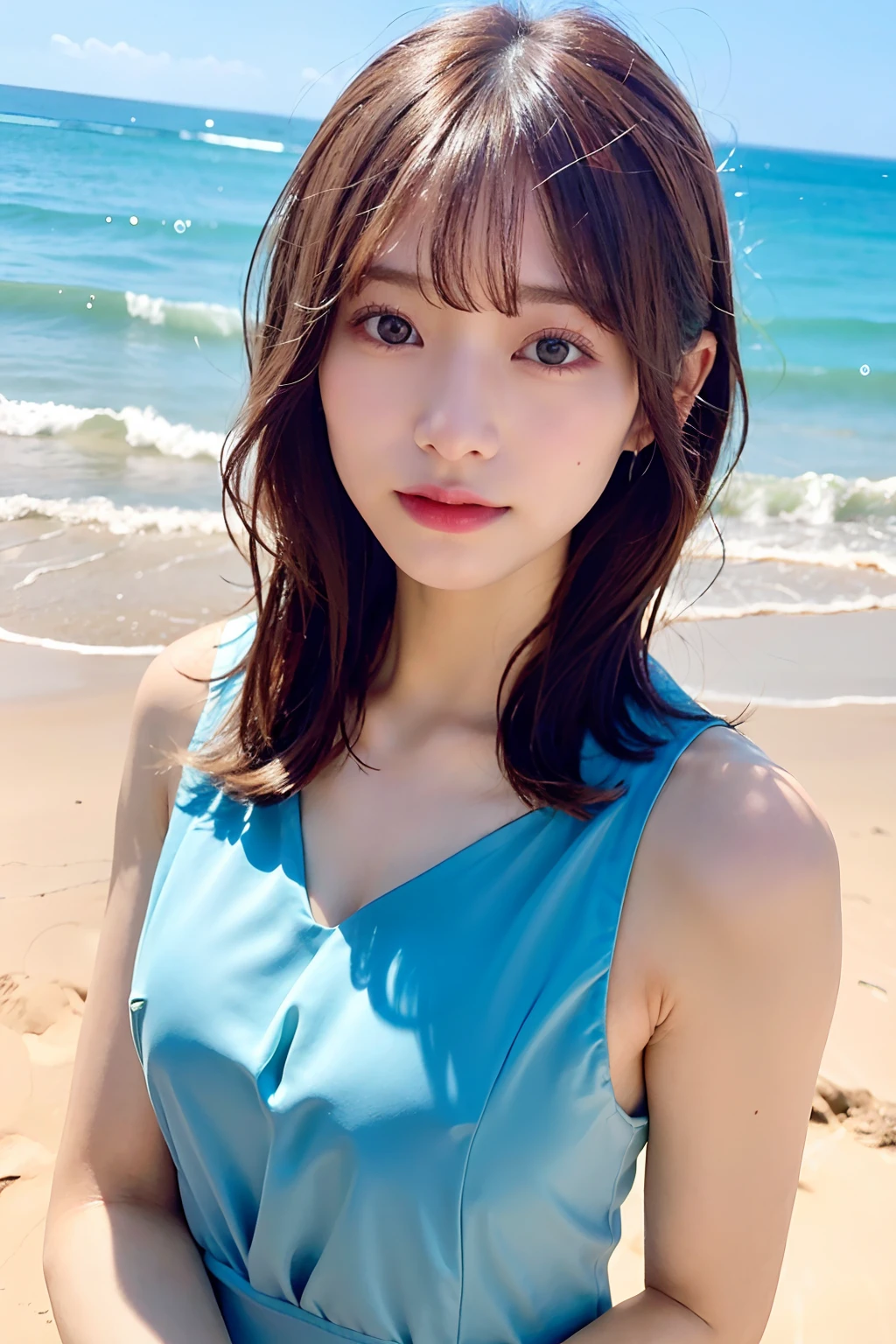 (top-quality、8K、32K、masuter piece、nffsw:1.2)、profile、(slim figure:1.2)、(s lips) 、二重まぶた、shinny skin、Realistic rays、mare、beauitful face、(Light smile:1.3)、(short-hair:1.4)、blurry backround、(Front Focus)、(Dark: 1.6)、Fantasy Art、photoRealstic、Professional Lighting、extra detailed face、Award-winning、deep-shadows、Summer Beach、Floral dress