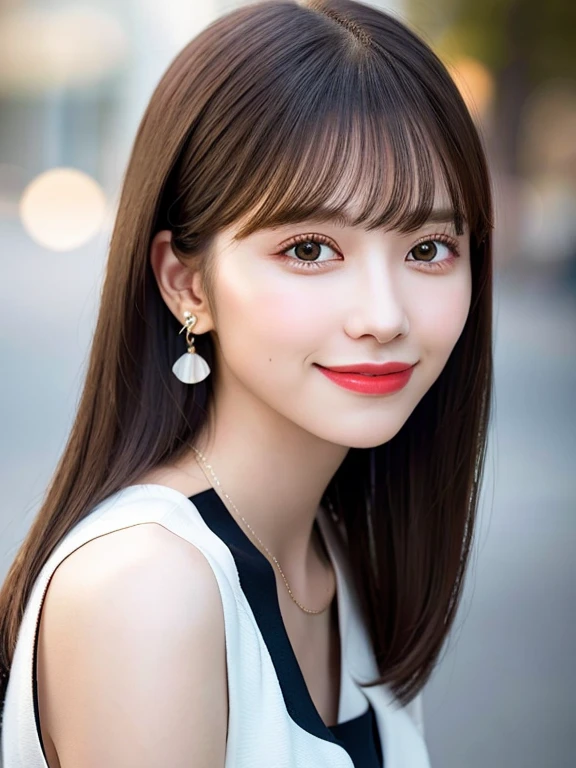 Top Quality, Realistic, 8K, Solo, Smile, Masterpiece, One Girl, Bokeh, Depth of Field, Professional Lighting, High Resolution, Gorgeous, Bangs, Lens Flare, Cute, Photorealistic : 1.37, Earrings, RAW Photography, Absurdity, Watching Viewer, Skindentation, Female, Full Body, Masterpiece: 1.2, Portrait: 0.6, Necklace, pureerosface_v1,　skinny, dynamic pose, mole, floating hair, lips