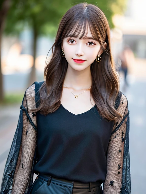 Top Quality, Realistic, 8K, Solo, Smile, Masterpiece, One Girl, Bokeh, Depth of Field, Professional Lighting, High Resolution, Gorgeous, Bangs, Lens Flare, Cute, Photorealistic : 1.37, Earrings, RAW Photography, Absurdity, Watching Viewer, Skindentation, Female, Full Body, Masterpiece: 1.2, Portrait: 0.6, Necklace, pureerosface_v1,　skinny, dynamic pose, mole, floating hair, lips