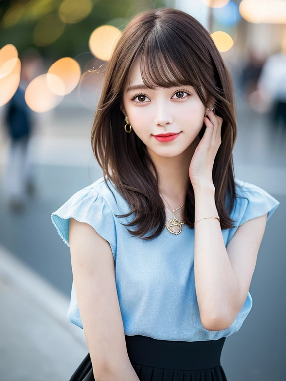 Top Quality, Realistic, 8K, Solo, Smile, Masterpiece, One Girl, Bokeh, Depth of Field, Professional Lighting, High Resolution, Gorgeous, Bangs, Lens Flare, Cute, Photorealistic : 1.37, Earrings, RAW Photography, Absurdity, Watching Viewer, Skindentation, Female, Full Body, Masterpiece: 1.2, Portrait: 0.6, Necklace, pureerosface_v1,　skinny, dynamic pose, mole, floating hair, lips