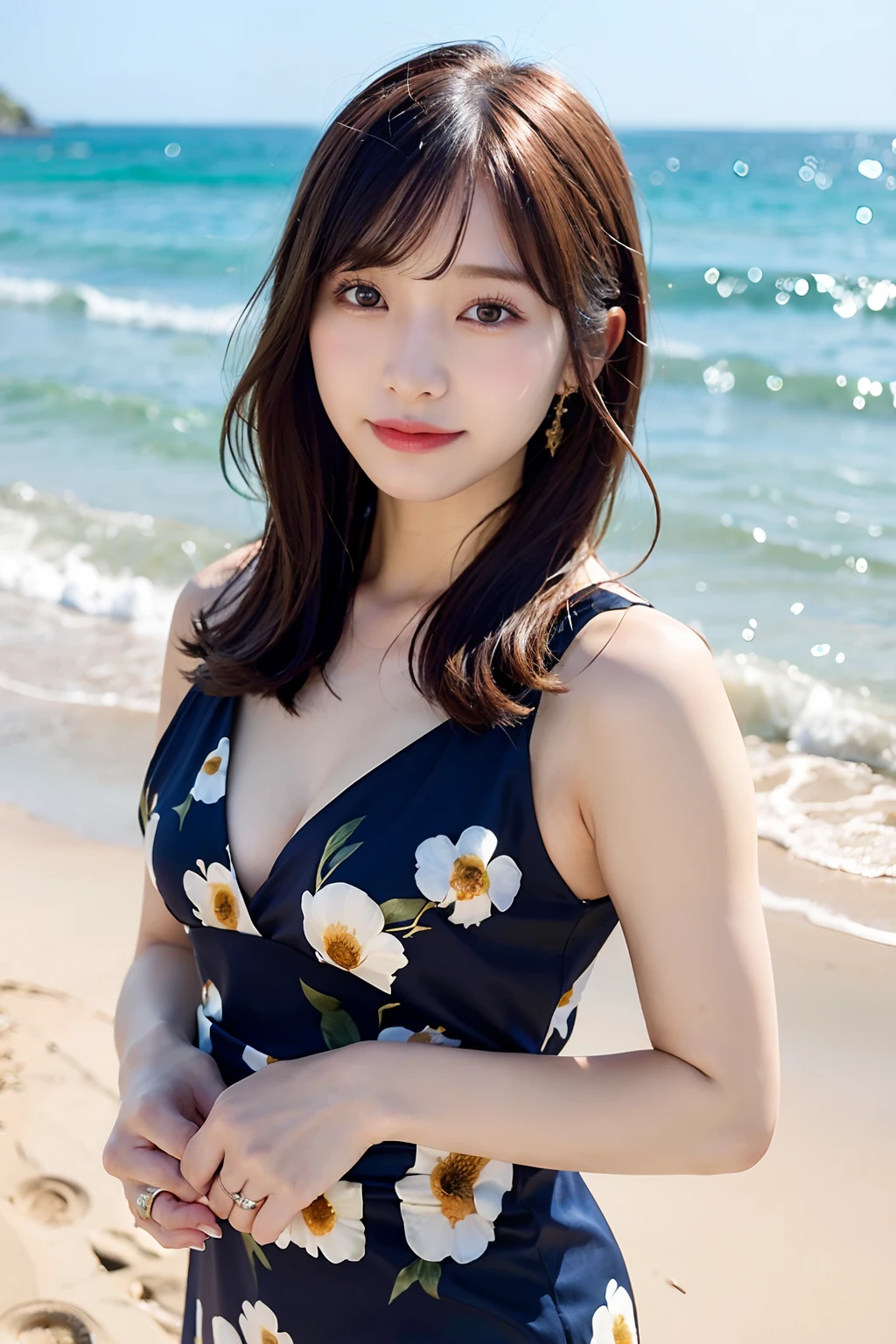 (top-quality、8K、32K、masuter piece、nffsw:1.2)、profile、(slim figure:1.2)、(s lips) 、二重まぶた、shinny skin、Realistic rays、mare、beauitful face、(Light smile:1.3)、(short-hair:1.4)、blurry backround、(Front Focus)、(Dark: 1.6)、Fantasy Art、photoRealstic、Professional Lighting、extra detailed face、Award-winning、deep-shadows、Summer Beach、Floral dress