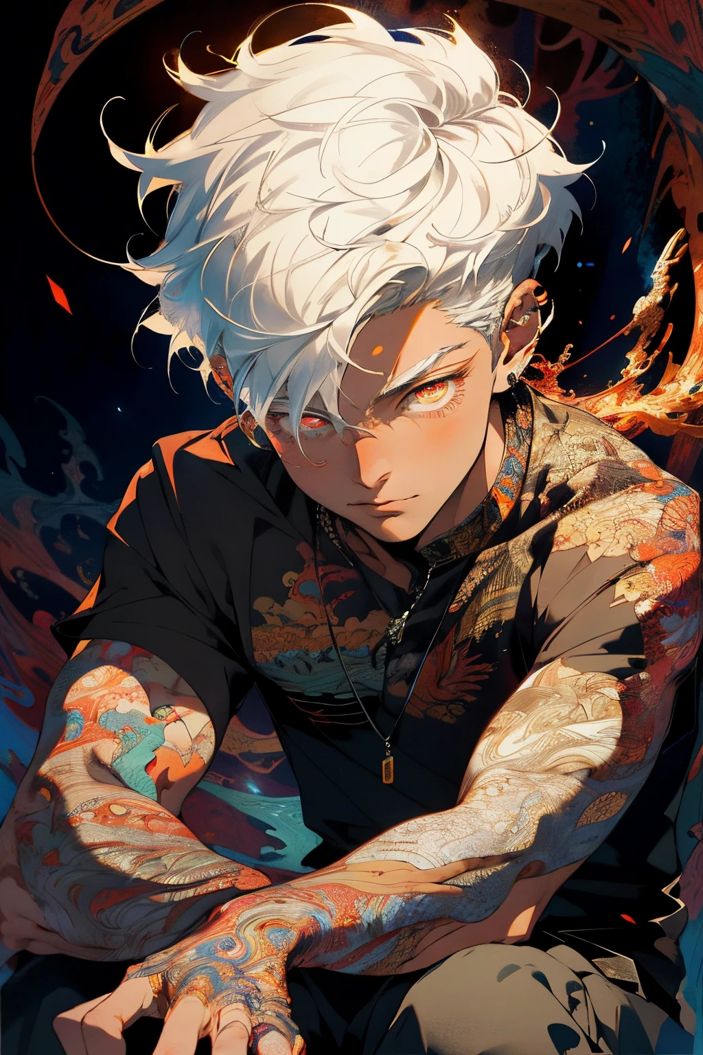 Realistic masterpiece, best quality, beautiful aesthetic, very detailed, fractal art, colorful, most detailed, zentangle, abstract background: 1.5, 1 boy: 1.3, god, white hair, short hair, glowing red eyes, mysterious, magical, ice, handsome man, asian style