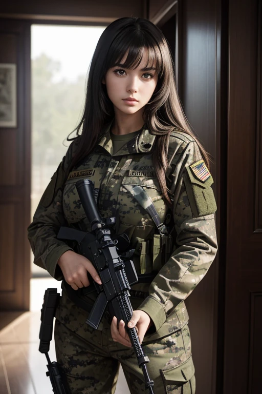 (Masterpiece, highest quality)), (Realistic photo: 1.4), (Intricate details), 1 person, female, 20 years old, mysterious beautiful girl, perfect anatomy, perfect proportions, perfect face, face Bright, facial details, serious face, dark brown hair, long straight hair, parted aligned bangs, hair blowing in the wind, Marine, camouflage uniform, camouflage pants, (holding an assault rifle), uh, home detective, conceptual Art, Reality, God Ray, Movie Lighting, Canon, High Detail, High Quality, HD Fine, 16K Resolution, Bust Up Shot Portrait,girl