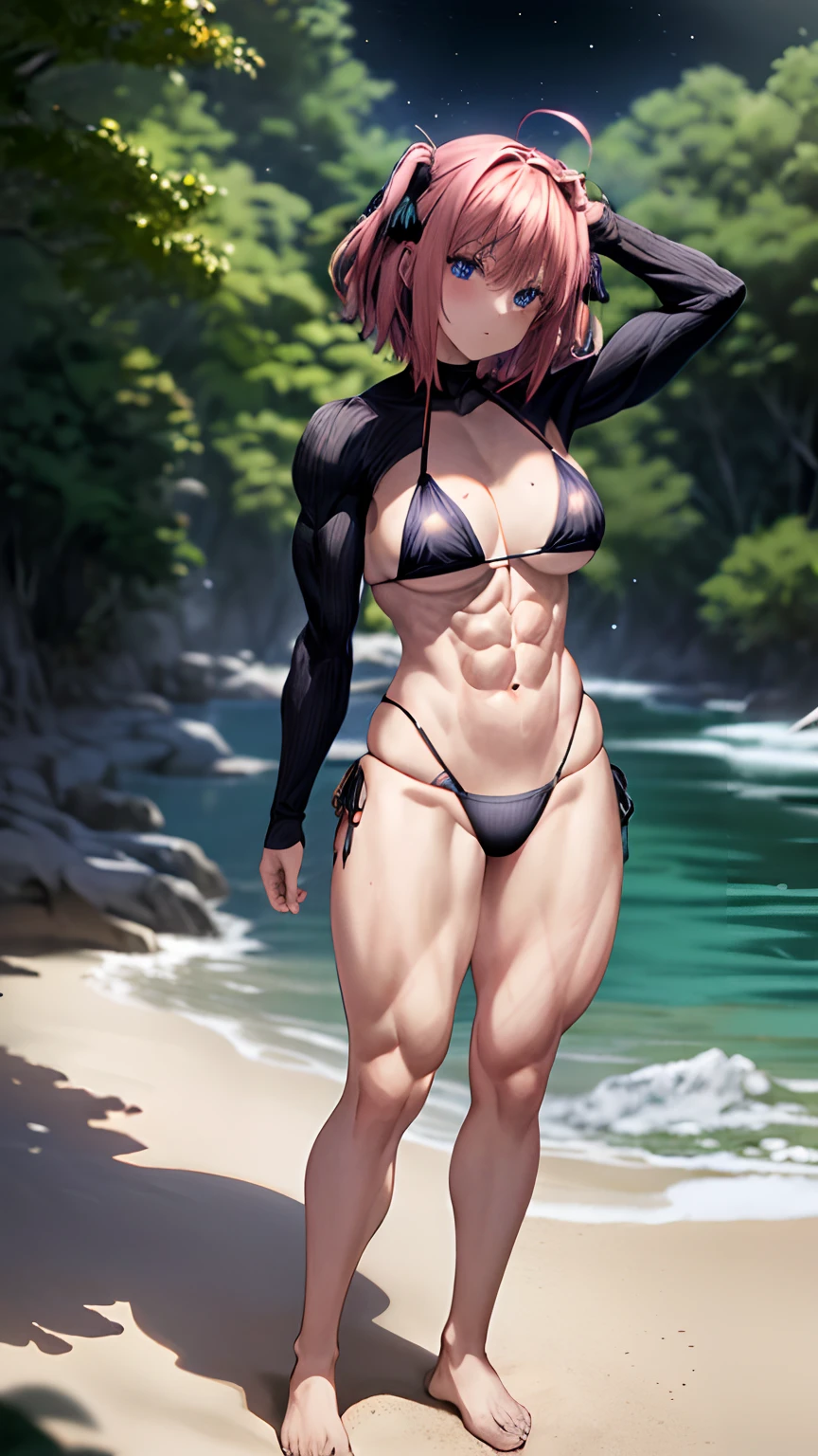 1 girl, alone, (nakano nino), (short pink hair), (((blue eyes))), butterfly hair ornament, big breasts, (((muscular thighs))) , (muscular belly), thin waist , wide hips, barefoot, standing, (((wearing black thong bikini))), (full body photo), on the beach at night with starry sky and full moon in the sky, eye reflection, glowing eyes, (bad humor), anime, anime style, ray tracing, cinematic lighting, Sony FE, panorama, UHD, anatomically correct, accurate, super detail, high quality, high resolution, HD, 16k