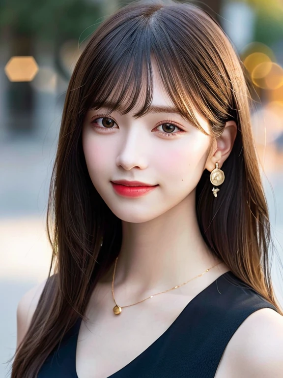 Top Quality, Realistic, 8K, Solo, Smile, Masterpiece, One Girl, Bokeh, Depth of Field, Professional Lighting, High Resolution, Gorgeous, Bangs, Lens Flare, Cute, Photorealistic : 1.37, Earrings, RAW Photography, Absurdity, Watching Viewer, Skindentation, Female, Full Body, Masterpiece: 1.2, Portrait: 0.6, Necklace, pureerosface_v1,　skinny, dynamic pose, mole, floating hair, lips