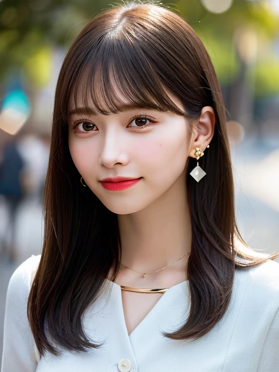 Top Quality, Realistic, 8K, Solo, Smile, Masterpiece, One Girl, Bokeh, Depth of Field, Professional Lighting, High Resolution, Gorgeous, Bangs, Lens Flare, Cute, Photorealistic : 1.37, Earrings, RAW Photography, Absurdity, Watching Viewer, Skindentation, Female, Full Body, Masterpiece: 1.2, Portrait: 0.6, Necklace, pureerosface_v1,　skinny, dynamic pose, mole, floating hair, lips