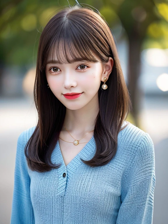 Top Quality, Realistic, 8K, Solo, Smile, Masterpiece, One Girl, Bokeh, Depth of Field, Professional Lighting, High Resolution, Gorgeous, Bangs, Lens Flare, Cute, Photorealistic : 1.37, Earrings, RAW Photography, Absurdity, Watching Viewer, Skindentation, Female, Full Body, Masterpiece: 1.2, Portrait: 0.6, Necklace, pureerosface_v1,　skinny, dynamic pose, mole, floating hair, lips