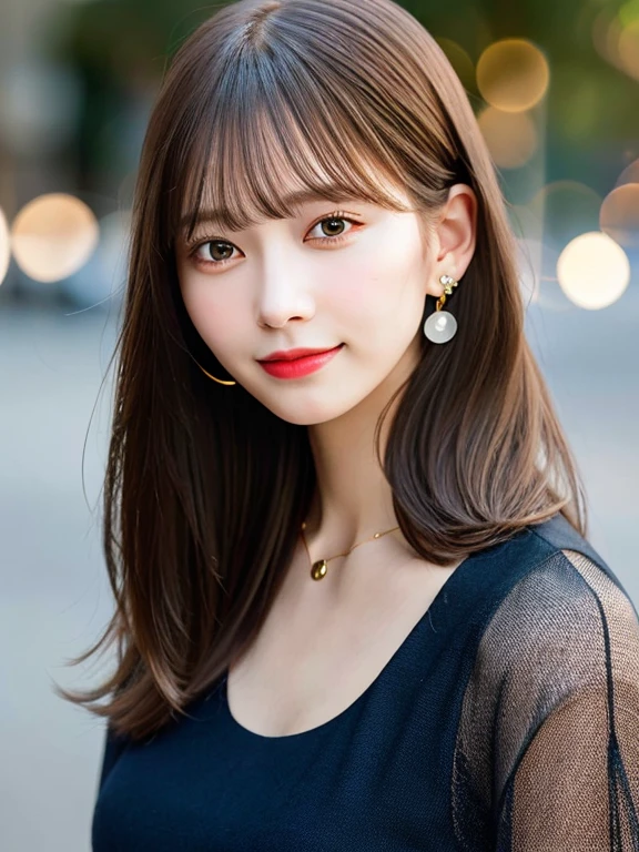 Top Quality, Realistic, 8K, Solo, Smile, Masterpiece, One Girl, Bokeh, Depth of Field, Professional Lighting, High Resolution, Gorgeous, Bangs, Lens Flare, Cute, Photorealistic : 1.37, Earrings, RAW Photography, Absurdity, Watching Viewer, Skindentation, Female, Full Body, Masterpiece: 1.2, Portrait: 0.6, Necklace, pureerosface_v1,　skinny, dynamic pose, mole, floating hair, lips