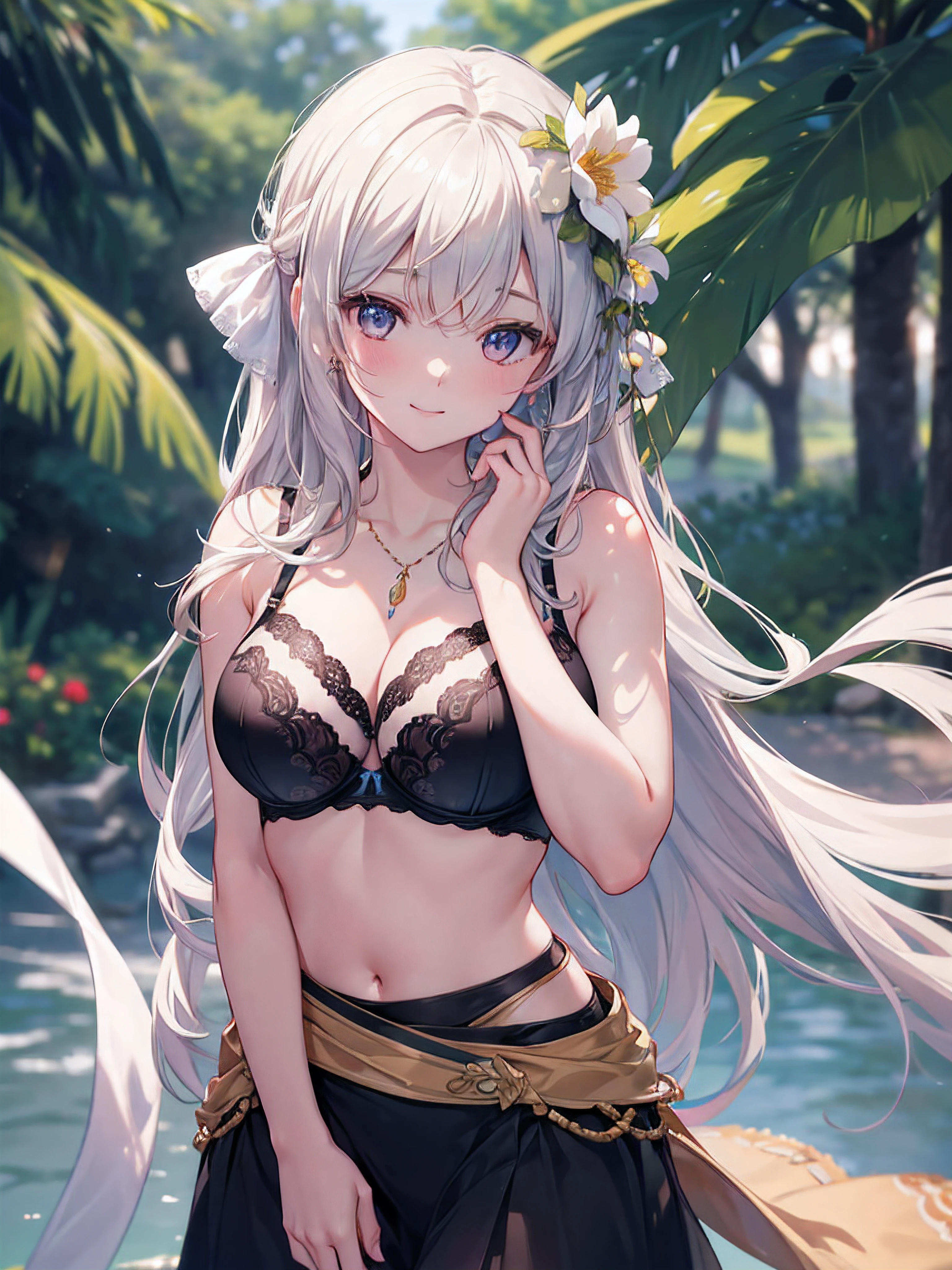 masterpiece,extremely detailed CG unity 8k wallpaper,1girl, beautiful, realistic, blurry, blurry_background, blurry_foreground, face smile, happy, branch, depth_of_field, flower, jewelry, nose, realistic, solo, fingers hidden, arms hidden, only wearing a bra
