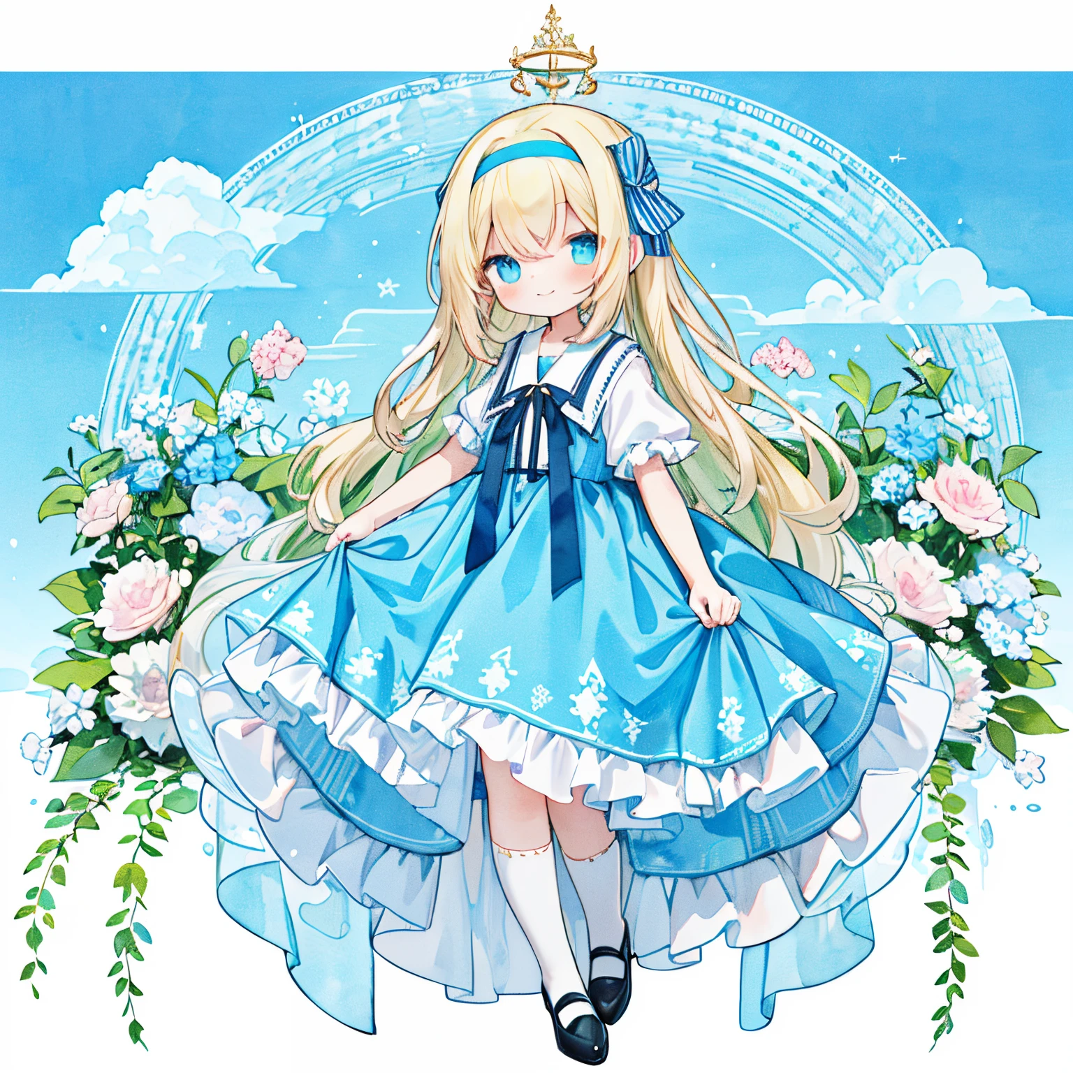 (((white and light blue striped ribbon theme:1.4)))、1girl with、A smile、Transparent watercolor,girl,Jewel Eyes,Beautiful arrangements and motifs,Pink、A slight smil、 Alice in Wonderland style girl,In the style of Victorian era costumes, Dreamy motifs, Light blue dress, cottagecore, White and azure, Layered patterns, Female anime character wearing a blue dress and white top, alice from alice in wonder land, , small curvy , Alice, Cute anime waifu in a nice dress, like alice in wonderland, blonde anime girl with long hair,(blue high heels、Blue strap、white and light blue striped headband、white and light blue striped socks:1.3)