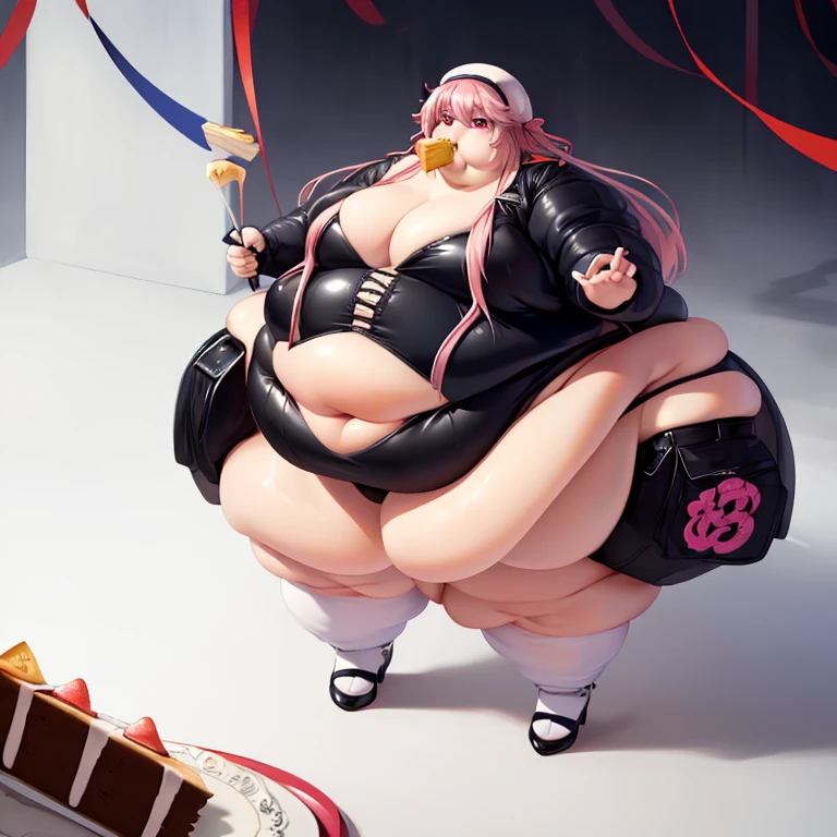 ((guy, male, man)), white floor length hair,(( pink eyes)), black clothes ,Pink Corset, White shorts, ((Cakes)), Larger fat Belly, Fat , gigantic Hips, Fat butt , gigantic thighs,Clear Detailed face:1.4, ((Anatomically accurate body)), (Candy land background),(( Eating Cake))