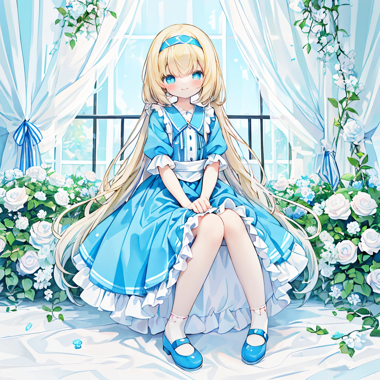 ((white and light blue striped ribbon theme：1.4))、１girl with、A smile、Transparent watercolor,girl,Jewel Eyes,Beautiful arrangements and motifs,Pink、A slight smil、 Alice in Wonderland style girl,In the style of Victorian era costumes, Dreamy motifs, Light blue dress, cottagecore, White and azure, Layered patterns, Female anime character wearing a blue dress and white top, alice from alice in wonder land, , ??????????? loli, Alice, Cute anime waifu in a nice dress, like alice in wonderland, blonde anime girl with long hair,（blue high heels、Blue strap、white and light blue striped headband、white and light blue striped socks：1.8）
