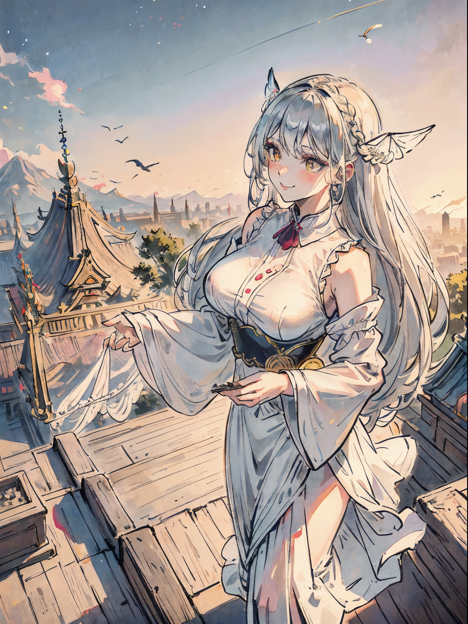 Adult woman, medium breast on a thin body, glossy lips, shining perfect yellow eyes, silvery hair, long french braid, symmetrical fairy wings on her back (detailed), white corsage, long skirt, turning head to spectator, smiling winking look, gentle pose, flying over a temple in tokyo at dawn, contrast beetween modern and antique buildings, aestethic and magic atmosphere, spiritual sospension, masterpiece, hyper-detailed, wide-angle shot.