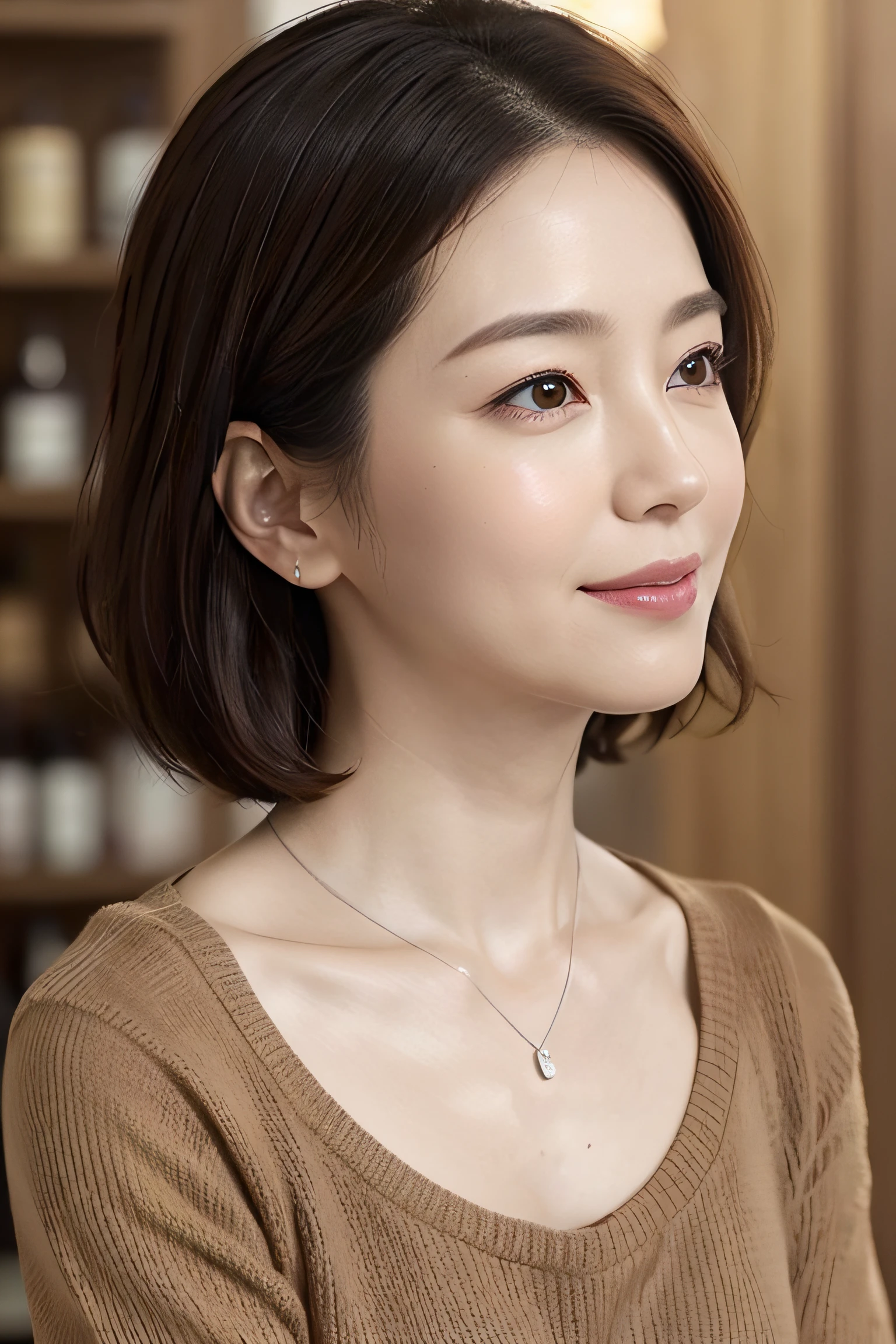 (8K, top-quality, masterpiece:1.3, 超A high resolution, A hyper-realistic), High Detail, (Face like the real thing), Photorealsitic, Raw foto, ((one beautiful women)), Detailed face, beautidful eyes, realisticeyes, Eyes in Beautiful Details, (real looking skin), Beautiful skins, enticing, depth of fields, hight resolution, High pixel count, ((Sideways face, Looking away, Don't look your audience in the eye, Don't look at the camera)), fashionable cafe, The background is also in the picture, clear details, sharp photo, Natural color reproduction, Noise Reduction, High fidelity, Small pendant in silver color, A small necklace in silver color, (Wine-colored light knit U-neck shirt, Neat and clean clothing, Clothing that makes it difficult to see the chest, Clothing that makes it difficult to see the chest, Clothes with hidden breasts), small tits, Sexy lips, Ears are visible, a smile, kindly smile, Beautiful skins, enticing, the golden ratio, (Detal Face:1.2), profetional lighting, Lighting the face, best light, japanes, A Japanese Lady, Japan Mature Woman, a matural female, Short Bob Hair, ((sixty years old, Beautiful, Wrinkles on the face, Wrinkles at the corners of the eyes, Nasolabial fold wrinkles, Small wrinkles, Beautiful, Beautiful Aunt, Moderate moles, Small mole on the face)), The whole picture, Overall photo, Photo from the waist up
