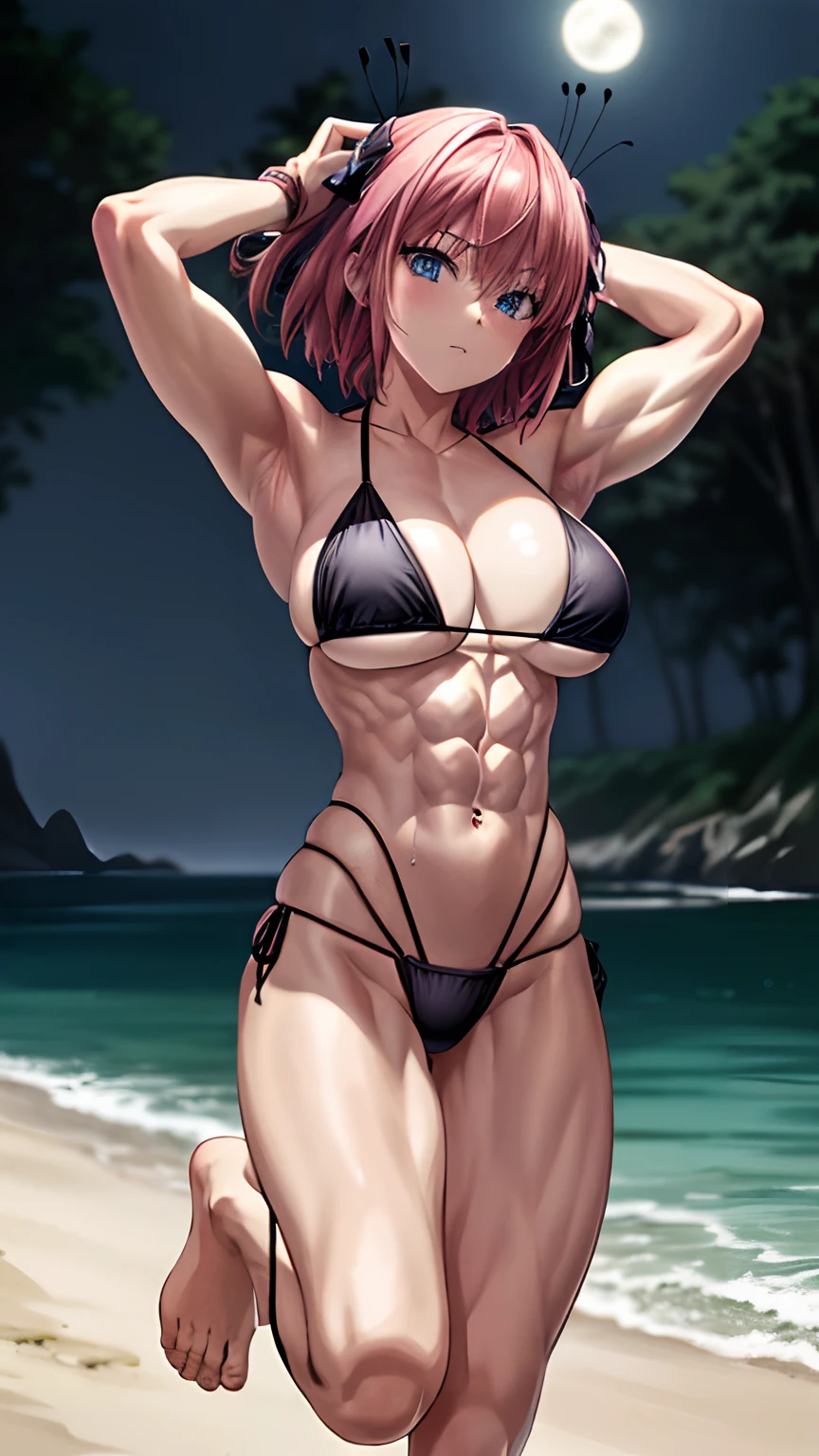 1 girl, alone, (nakano nino), (short pink hair), (((blue eyes))), butterfly hair ornament, big breasts, (((muscular thighs))) , (muscular belly), thin waist , wide hips, barefoot, standing, (((wearing black thong bikini))), (full body photo), on the beach at night with starry sky and full moon in the sky, eye reflection, glowing eyes, (bad humor), anime, anime style, ray tracing, cinematic lighting, Sony FE, panorama, UHD, anatomically correct, accurate, super detail, high quality, high resolution, HD, 16k