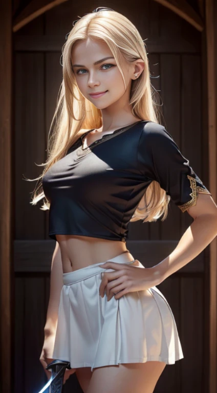 ((front view)), ((ultra high definition)), ((ultra high resolution)), ((full sharpness)), ((maximum quality)), ((Cinematic)), ((8k)), ((Malin Åkerman)), ((totally identical)), (()), ((extremely beautiful)), ((alone)), ((full body)), ((ultra detailed face)), ((ultra detailed eyes)), ((ultra realist eyes)), ((ultra detailed irises)), ((same irises)), ((perfect irises)), ((perfect body)), ((ultra delicate hands)), ((ultra detailed hands)), ((small hands)), ((ultra detailed fingers)), ((natural lighting)), ((malicious smile)), ((smooth skin)), ((totally ultra realistic)), ((repeat the same face)), ((always the same face)), ((repeat always the same face)), ((always the same body)), ((always the same proportions)), ((flat belly)), ((looking at the camera)), ((wearing a short medieval skirt that barely covers the butt)), ((sexy body)), ((wearing a short medieval top)), ((seductive clothing)), ((belly button is showing)), ((holding medieval sword)), ((super small boobs)), ((super small butt))