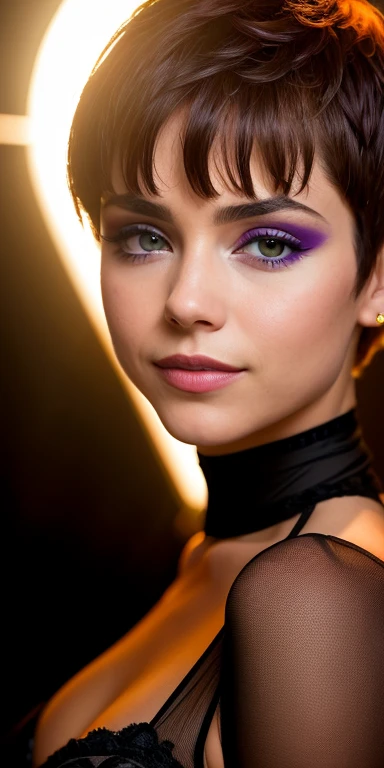 Photo of a 15-year-old European girl, .RAW, beautiful woman,pecas en mejillas ,hermosos ojos azules(Light brown hair pixie haircut),corte de cabello pixie ((retrato)), ((Cara detallada:1.2)), ((Detailed facial features)), (Piel finamente detallada), usando pantimedias negras sexys , erotic costume , ,lindo maquillaje, Purple eyeshadows on eyelids ,Un sexy(cool color), humid, humid, Reflectores, (Masutepiece) (proporciones perfectas)(fotos realistas)(La mejor calidad) (Detallado) fotografiado con una EOS R5 de Canon, Lente de 50 mm, f/2.8, NffSW, (8k) (papel tapiz) (cinematic lighting) (Dramatic lighting) (foco nítido) (Enrevesado) , Cheerfully waving to the camera ,mirada seductora