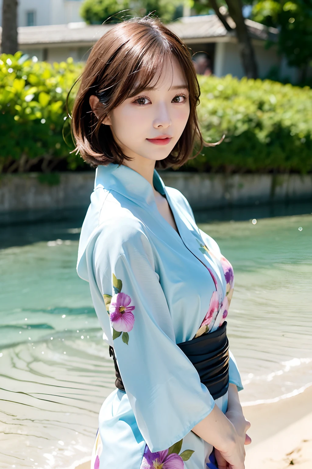 (top-quality、8K、32K、masuter piece、nffsw:1.2)、profile、(slim figure:1.2)、(s lips) 、二重まぶた、shinny skin、Realistic rays、mare、beauitful face、(Light smile:1.3)、(short-hair:1.4)、blurry backround、(Front Focus)、(Dark: 1.6)、Fantasy Art、photoRealstic、Professional Lighting、extra detailed face、Award-winning、deep-shadows、Summer Beach、Floral yukata