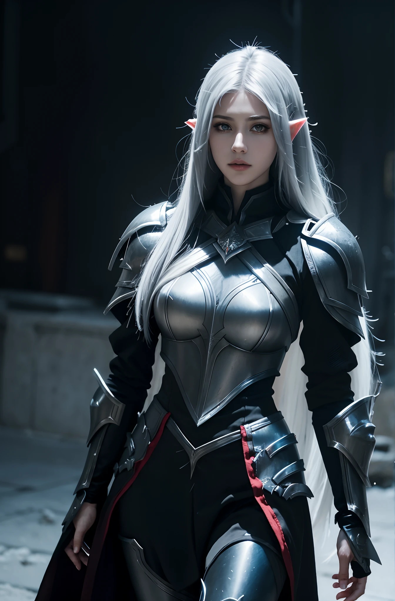 Wearing black and silver clothing、Arafad woman holding sword, cosplay foto, Light black armor, from heaven 2, gorgeous female paladin, beautiful female knight, beautiful female knight, With smooth silver armor, girl wearing knight armor, Anime girl role play, wearing techwear and armor, dark elf princess, Lineage 2 Revolution Style, Gray armor