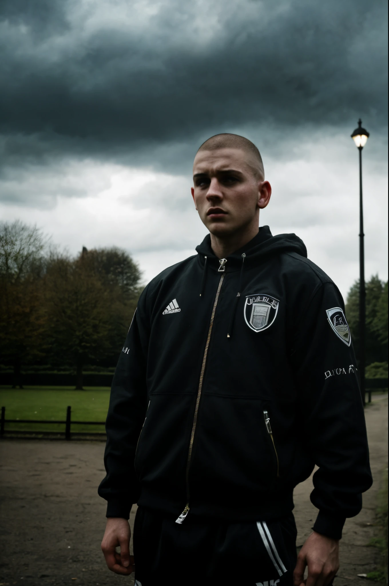 masterpiece, best quality, 1boy, 30 year old, chav, rough, dirty, Mancunian, skinhead, (park background), realistic, dramatic lighting, atmospheric, intricate detail
