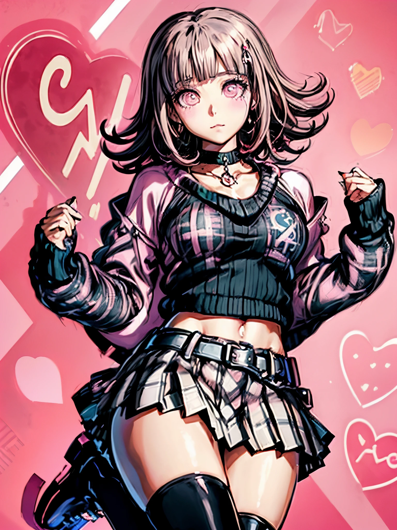 Chiaki nanami at a rave, looking at the viewer with an seductive smile, confident, nightclub, neon lights, pink short hair, pink eyes, bangs, e-girl outfit, (((Crop top, Oversized Sweater, Plaid Skirt, black Combat Boot, Winged Eyeliner, Heart-Shaped Stamp, Choker, Belt Chain))), 20 years old girl,Chiaki Nanami, Nanami Chiaki