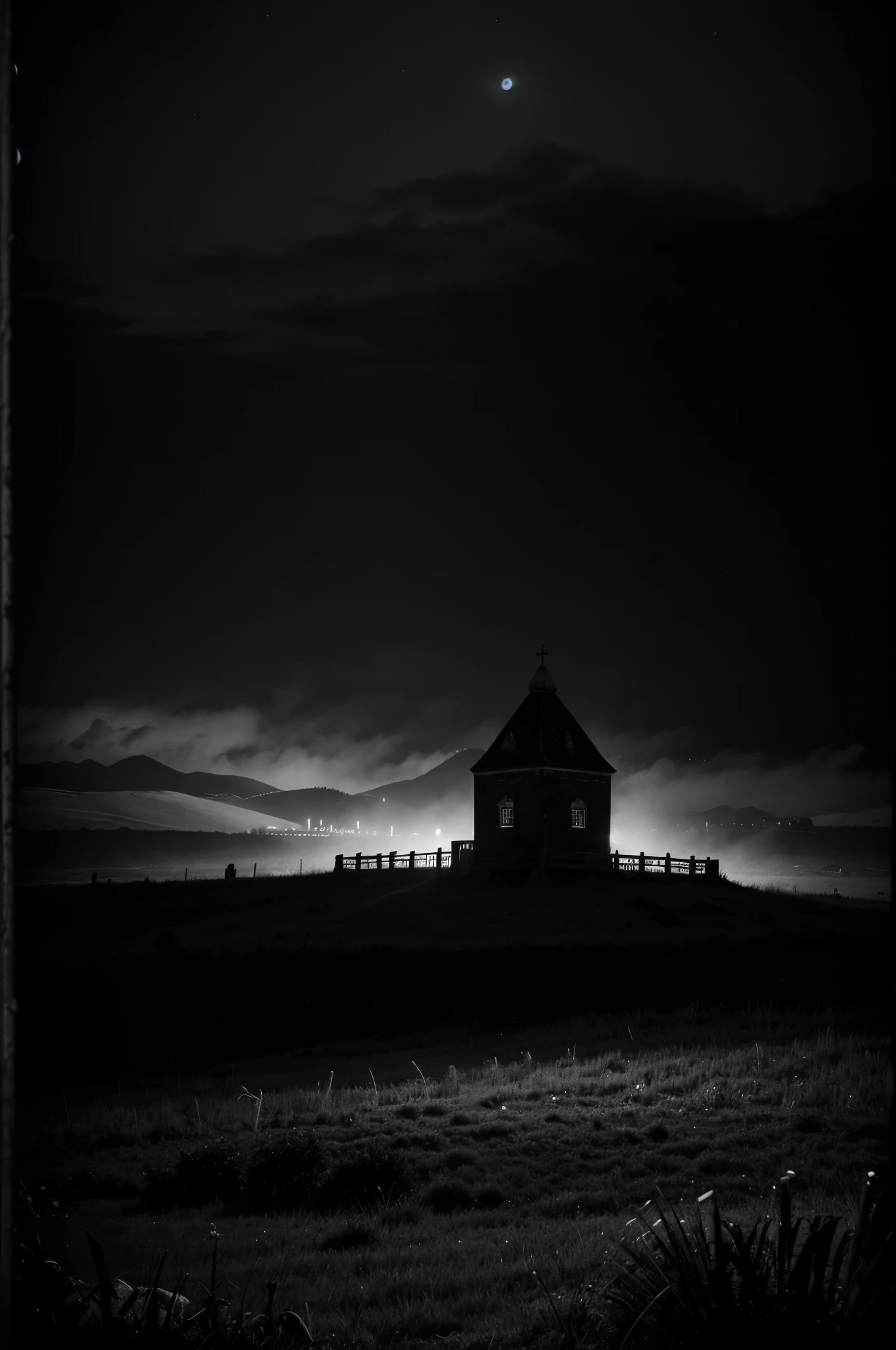 asylum, haunted, night time, black and white, death, insaniet, realistic, hp lovecraft, cosmic horror, horror, restraints, landscape, fields, gallows