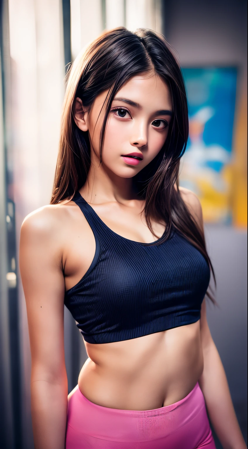 (masterpiece, best quality, supercute sexy beautiful girl, 8 , face of an angel, perfect face, perfect lips, perfect eyes, perfect nose, pretty face:1.2), Fit face, 9 years oldhin, photography, raw photo, masterpiece, extremely detailed photo, DSLR, photorealistic 1.4, ultra hi res, best quality, full body picture, tall, toned, busty, brown hair, shoulder length hair, pink lip, athletic top, (studio portrait photo:1.2), gardeniass, 8k, official art, raw photo, incredibly absurdres, crop top, looking at viewers, slender, teen, facelight, film grain, chromatic aberration, sharp focus, dynamic lighting, cinematic lighting, ,