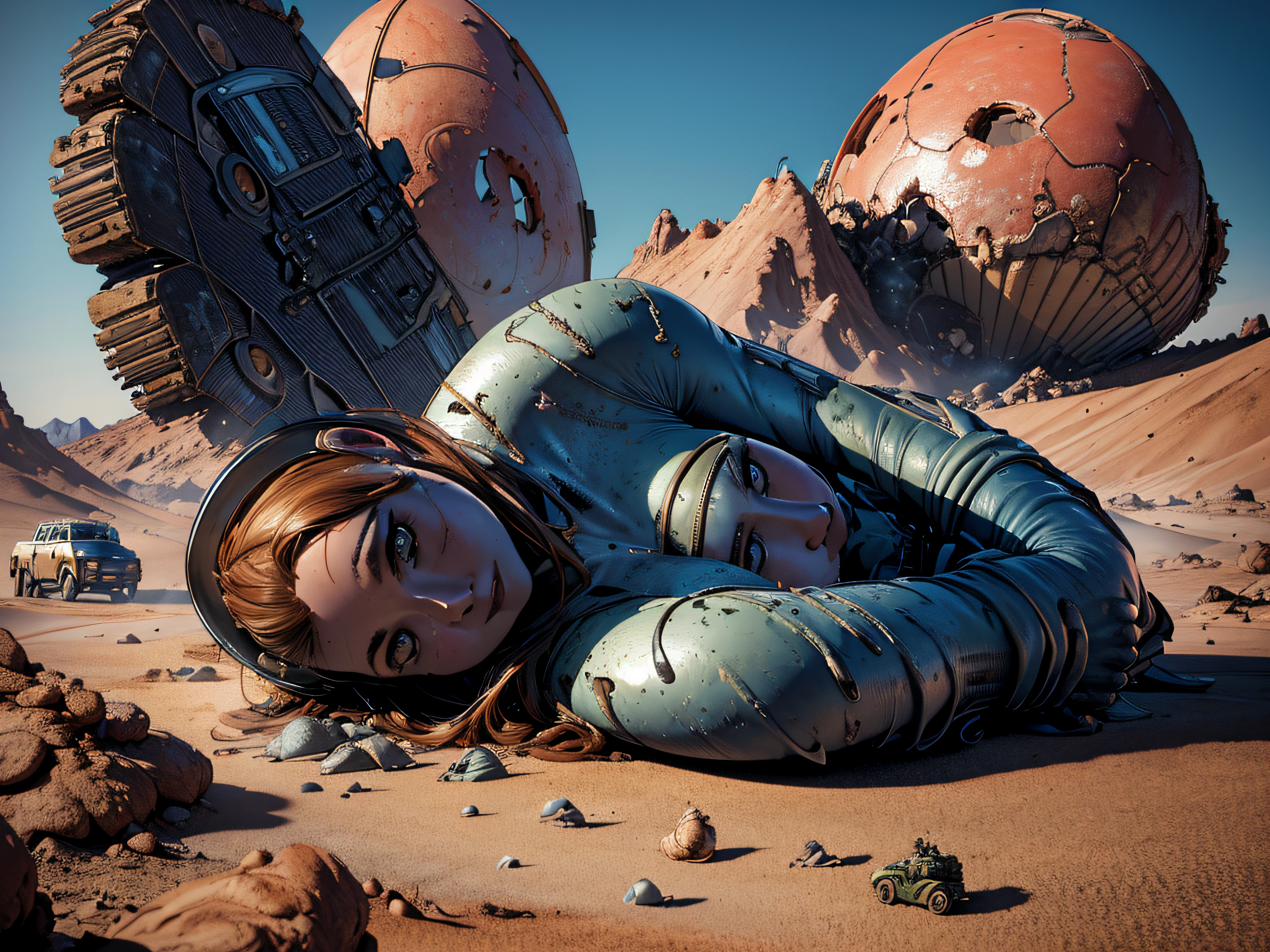 high quality, 8K Ultra HD, hyper-realistic portrait of a big flying saucer crash on the side of a hill with Debris all over the crash site, Alien bodies on the floor, American soldiers on jeeps on the background with a beautiful woman looking at the site, By Ray Shark